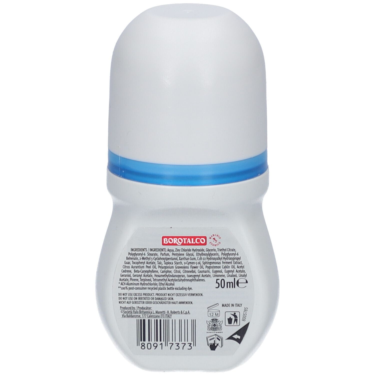 Rückseite eines weißen Roll-on-Deos. Aufschrift: BOROTALCO, Inhaltsstoffe, 50ml, Barcode.