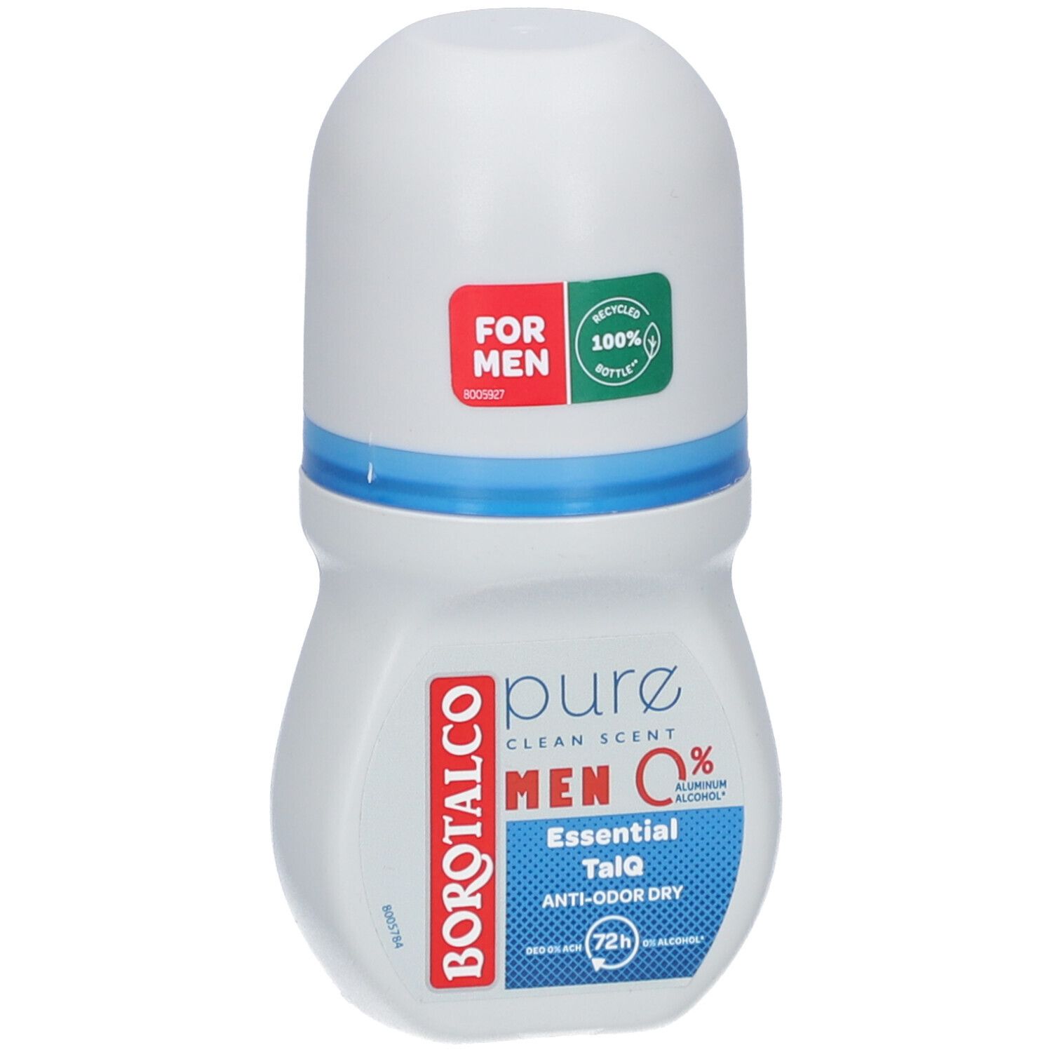 Weißer Roll-on-Deo mit blauem Streifen. Aufschrift: BOROTALCO, MEN 0%, FOR MEN, 100% recycelte Flasche.