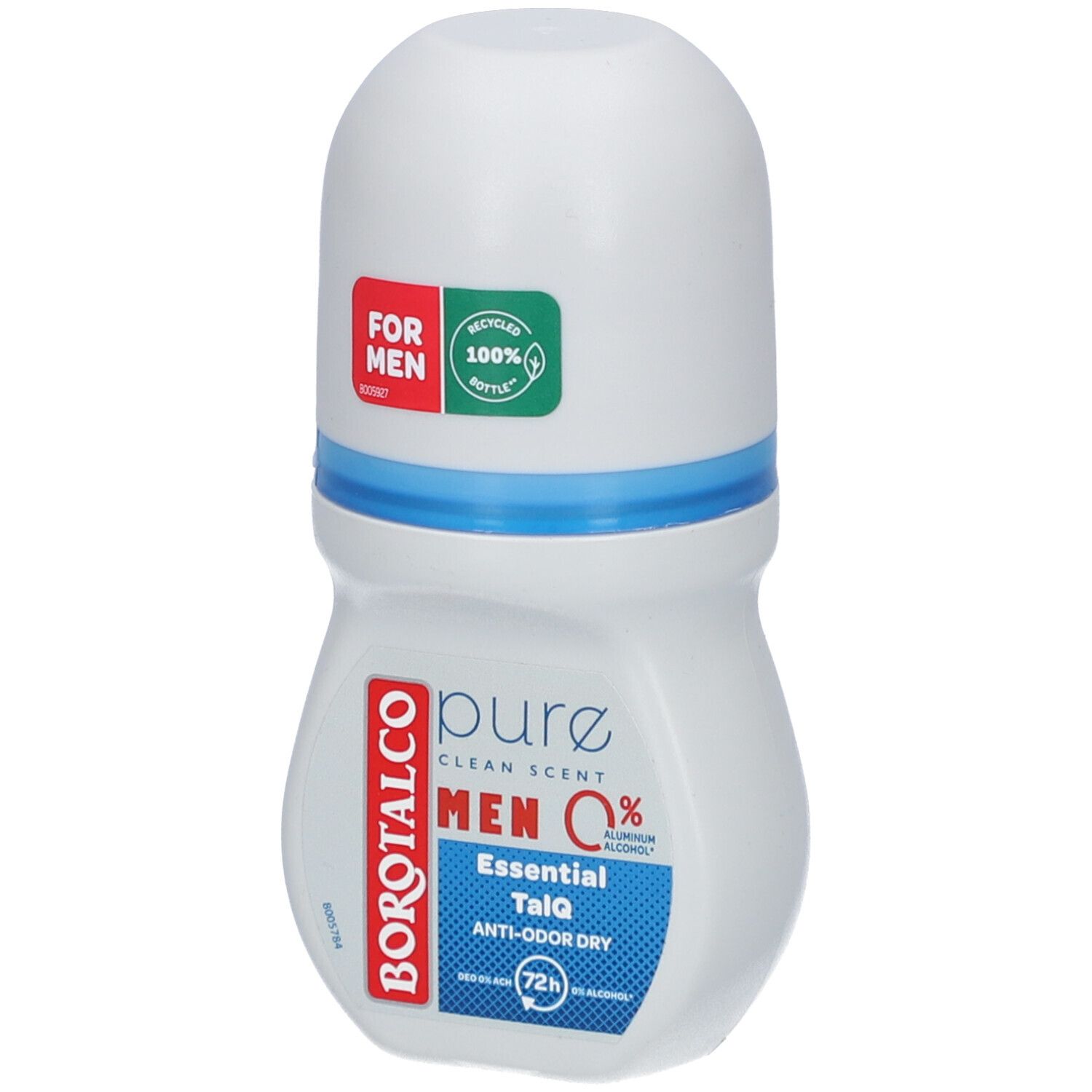 Weißer Roll-on-Deo mit blauem Streifen. Aufschrift: BOROTALCO, MEN 0%, FOR MEN, 100% recycelte Flasche.