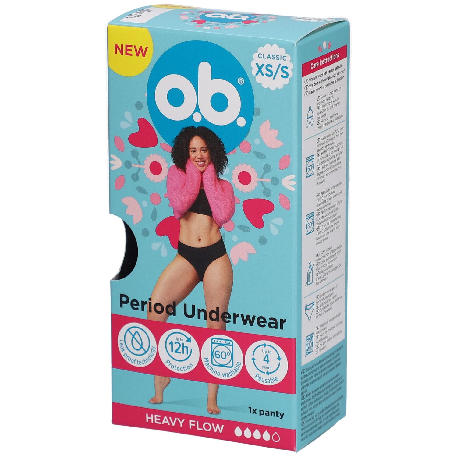 Verpackung der o.b.® Periodenunterwäsche XS/S. Aufdruck: Periodenunterwäsche, 12h Schutz, 1x Panty, schwere Blutung.