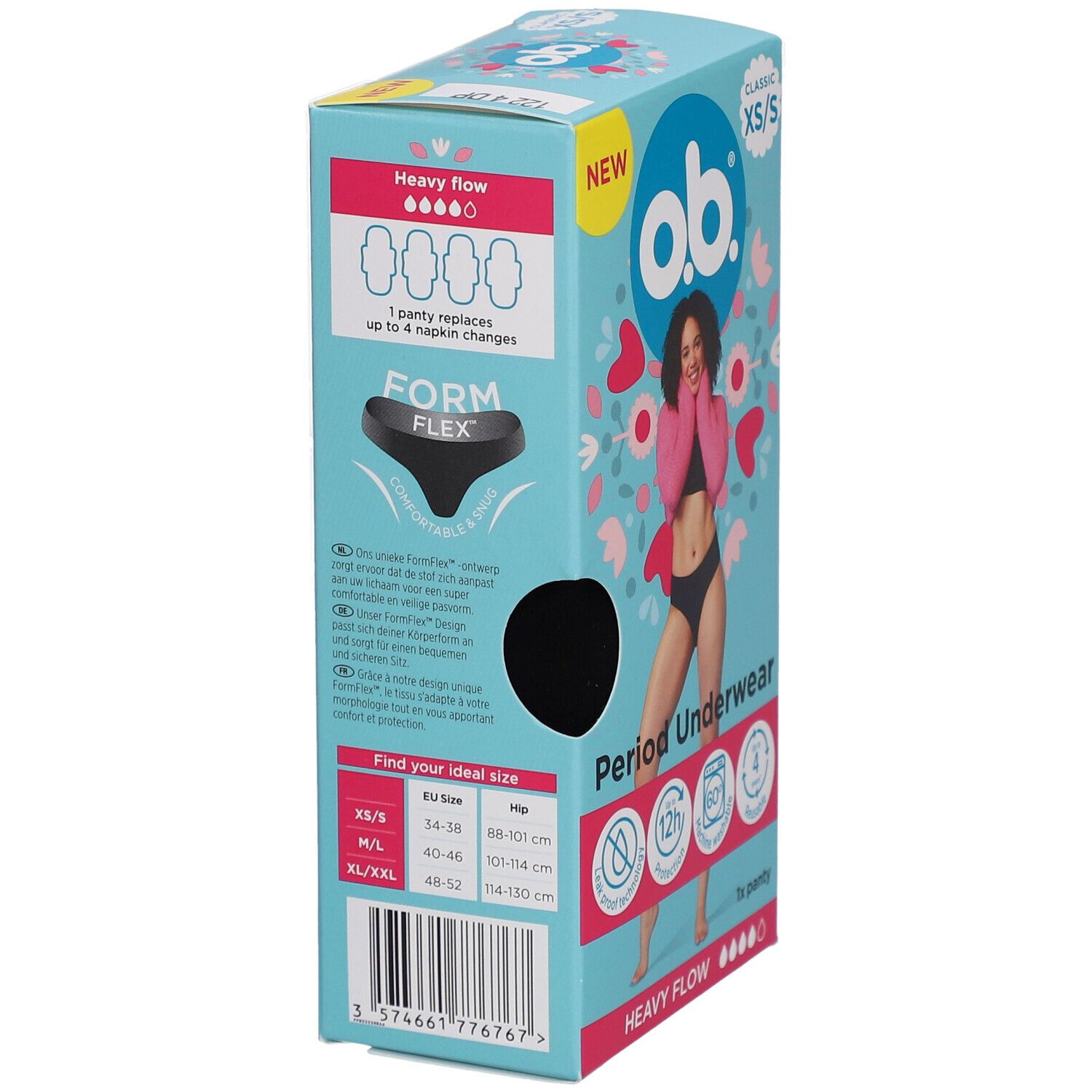 Verpackung o.b.® Periodenunterwäsche XS/S. Seitenansicht. Aufdruck: schwere Blutung, Form Flex, Größentabelle, 1x Panty.