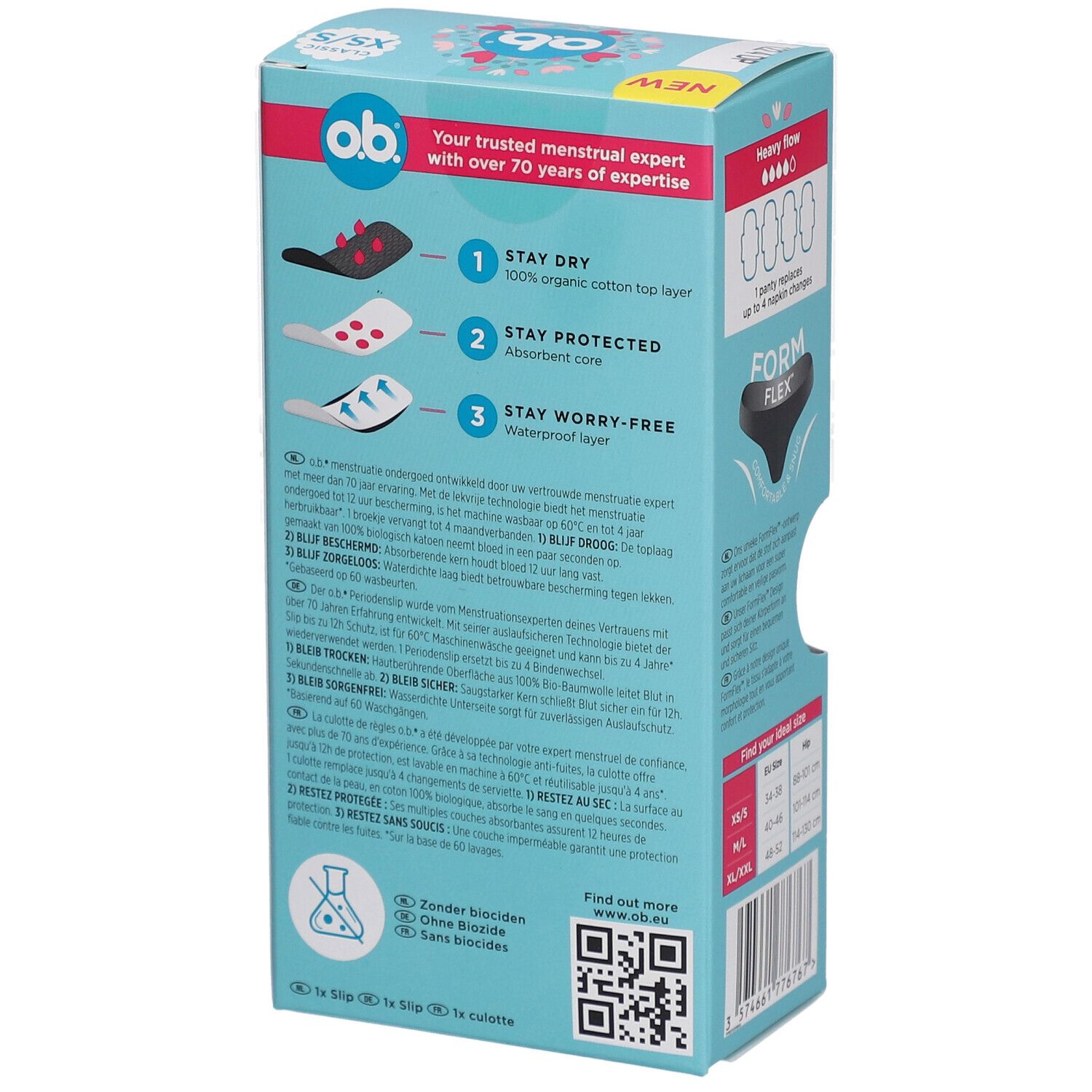 Rückseite der o.b.® Periodenunterwäsche XS/S Verpackung. Aufdruck: 3 Schichten, Größentabelle, QR-Code, 1 Slip.