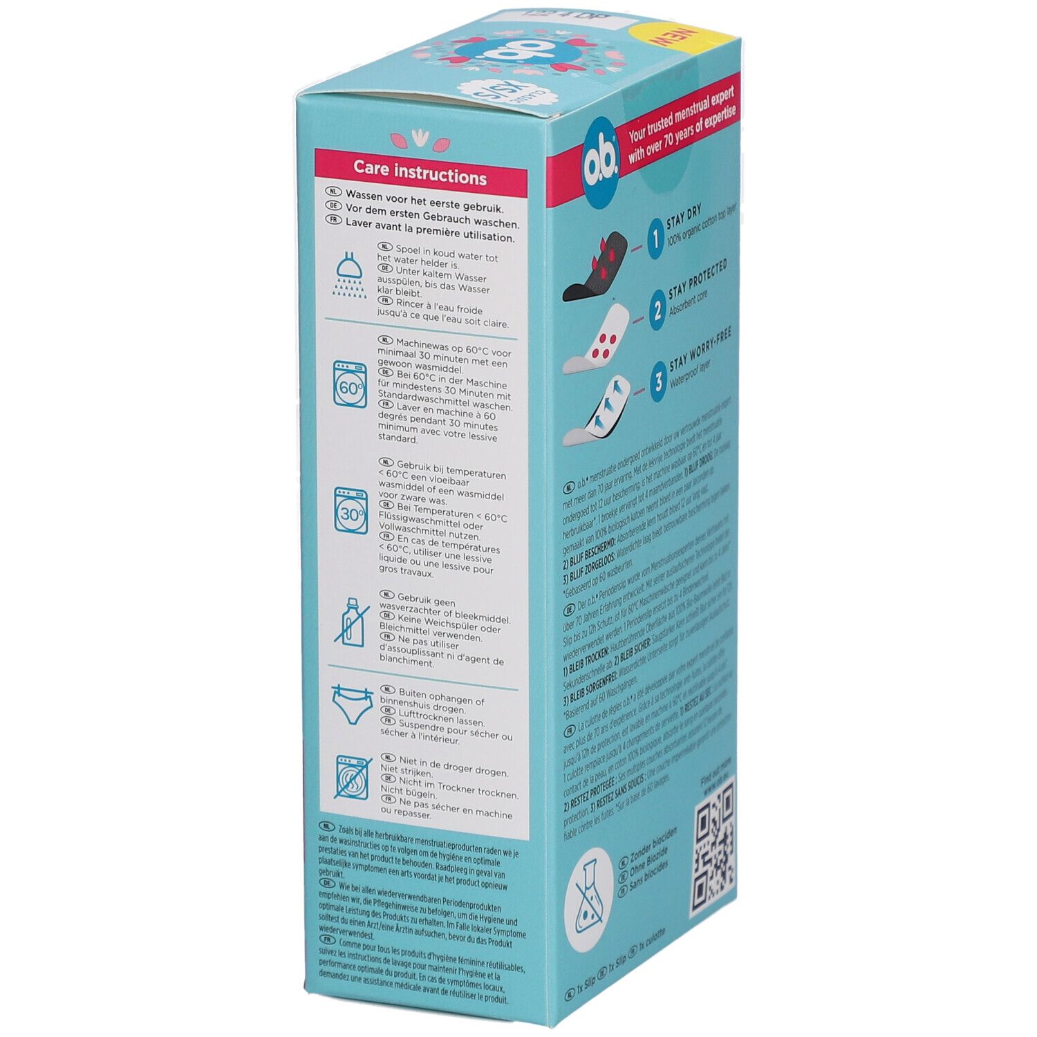 Verpackung o.b.® Periodenunterwäsche XS/S. Aufdruck: Waschanleitung, 60°C Maschinenwäsche, 1 Slip.
