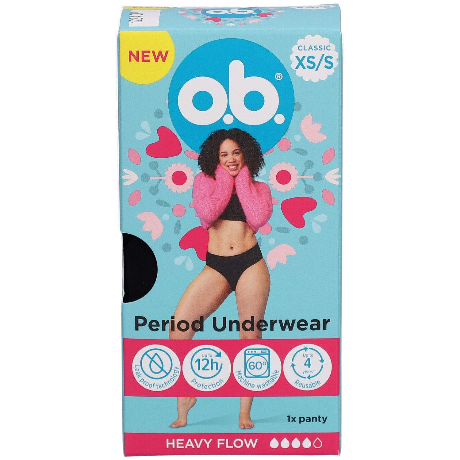 Vorderseite der o.b.® Periodenunterwäsche XS/S Verpackung. Aufdruck: Periodenunterwäsche, 12h Schutz, 1x Panty, schwere Blutung.