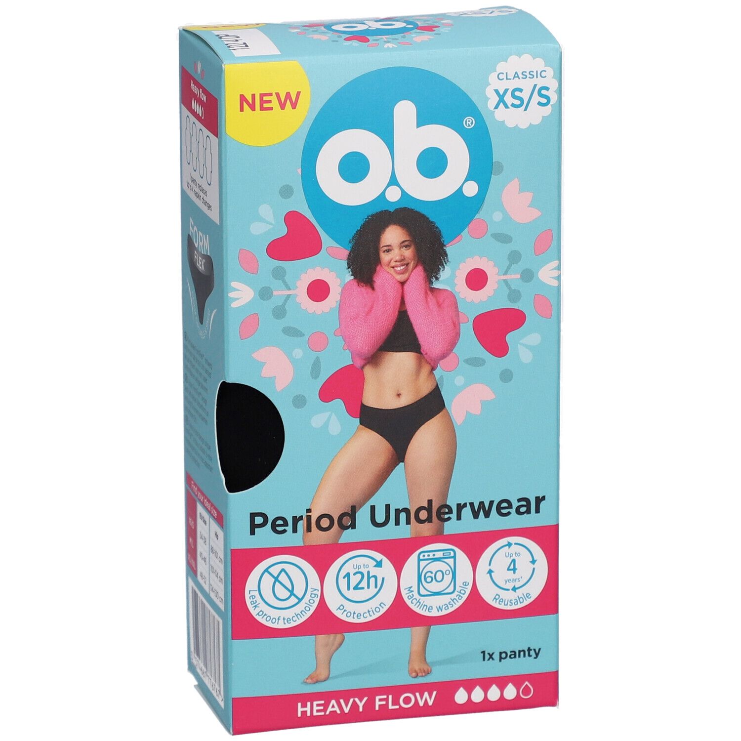 Vorderseite der o.b.® Periodenunterwäsche XS/S Verpackung. Aufdruck: Periodenunterwäsche, 12h Schutz, 1x Panty, schwere Blutung.