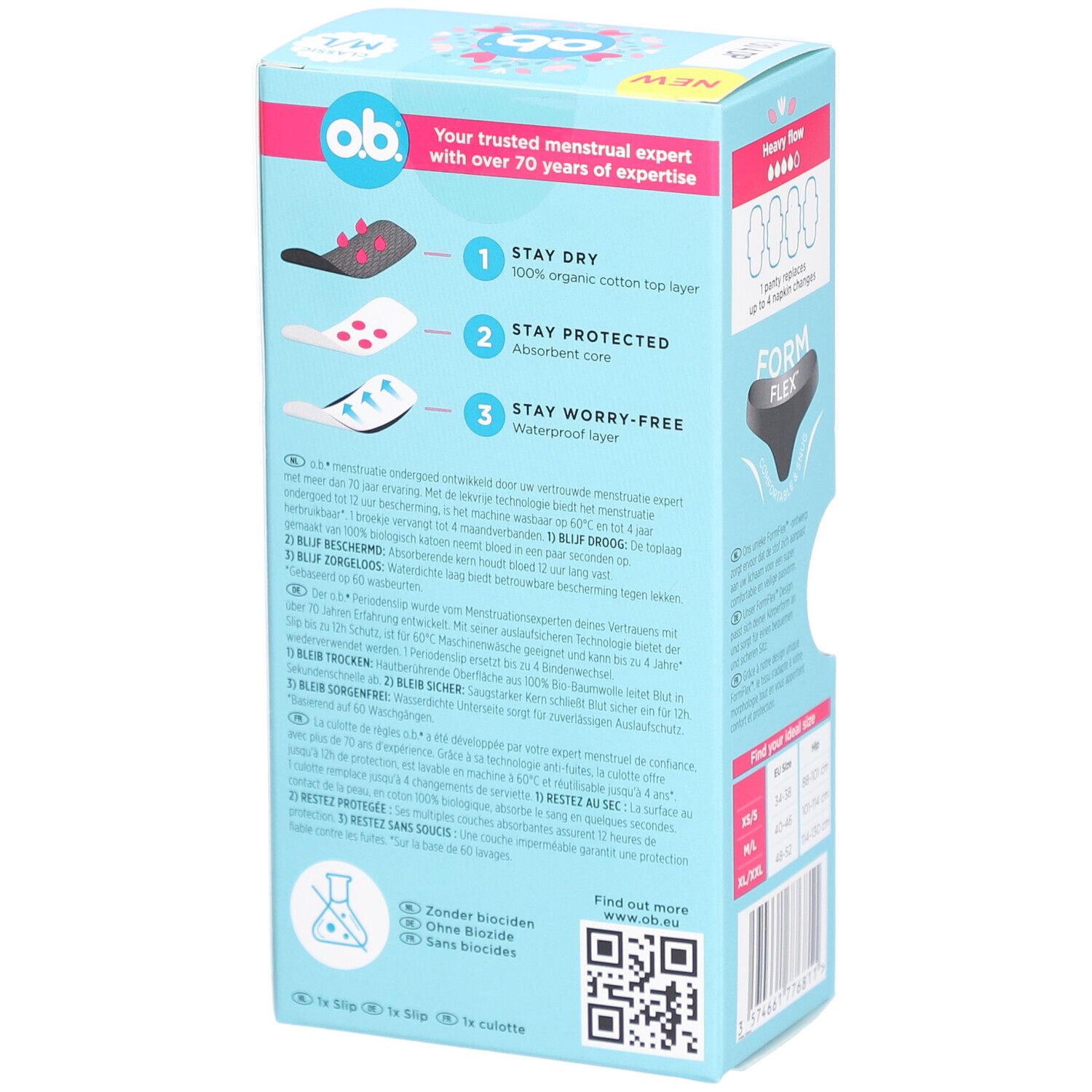 Rückseite der o.b.® Periodenunterwäsche M/L Verpackung. Text: Your trusted menstrual expert. Produktinformationen und QR-Code.