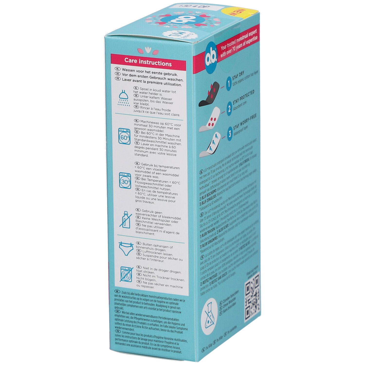 Rückseite der o.b.® Periodenunterwäsche M/L Verpackung. Pflegehinweise und Waschsymbole. QR-Code.