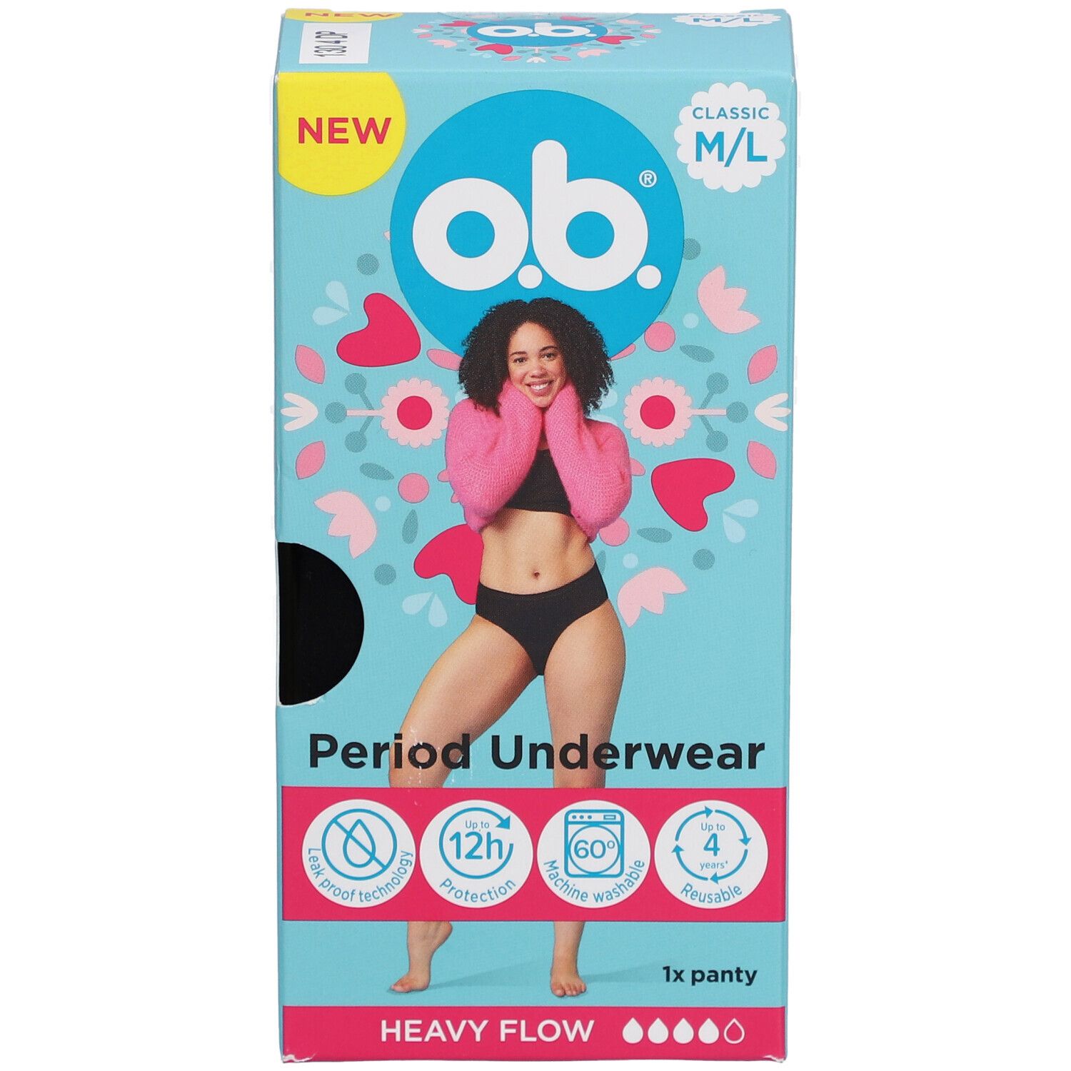 Verpackung von o.b.® Periodenunterwäsche M/L. Aufdruck: NEW, Classic, 1x Panty, Heavy Flow. Abbildung einer Frau.