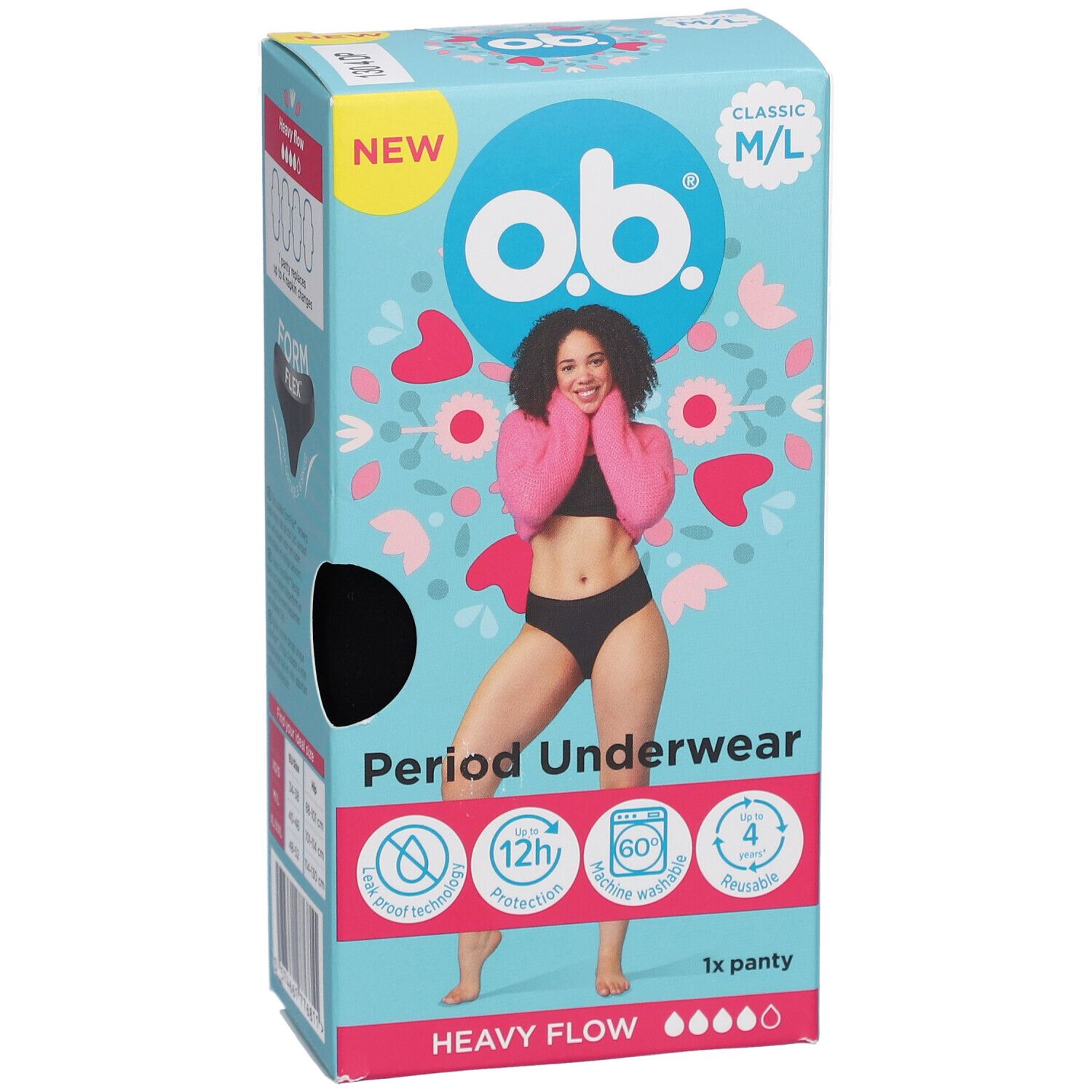 Verpackung von o.b.® Periodenunterwäsche M/L. Aufdruck: NEW, Classic, 1x Panty, Heavy Flow. Abbildung einer Frau.