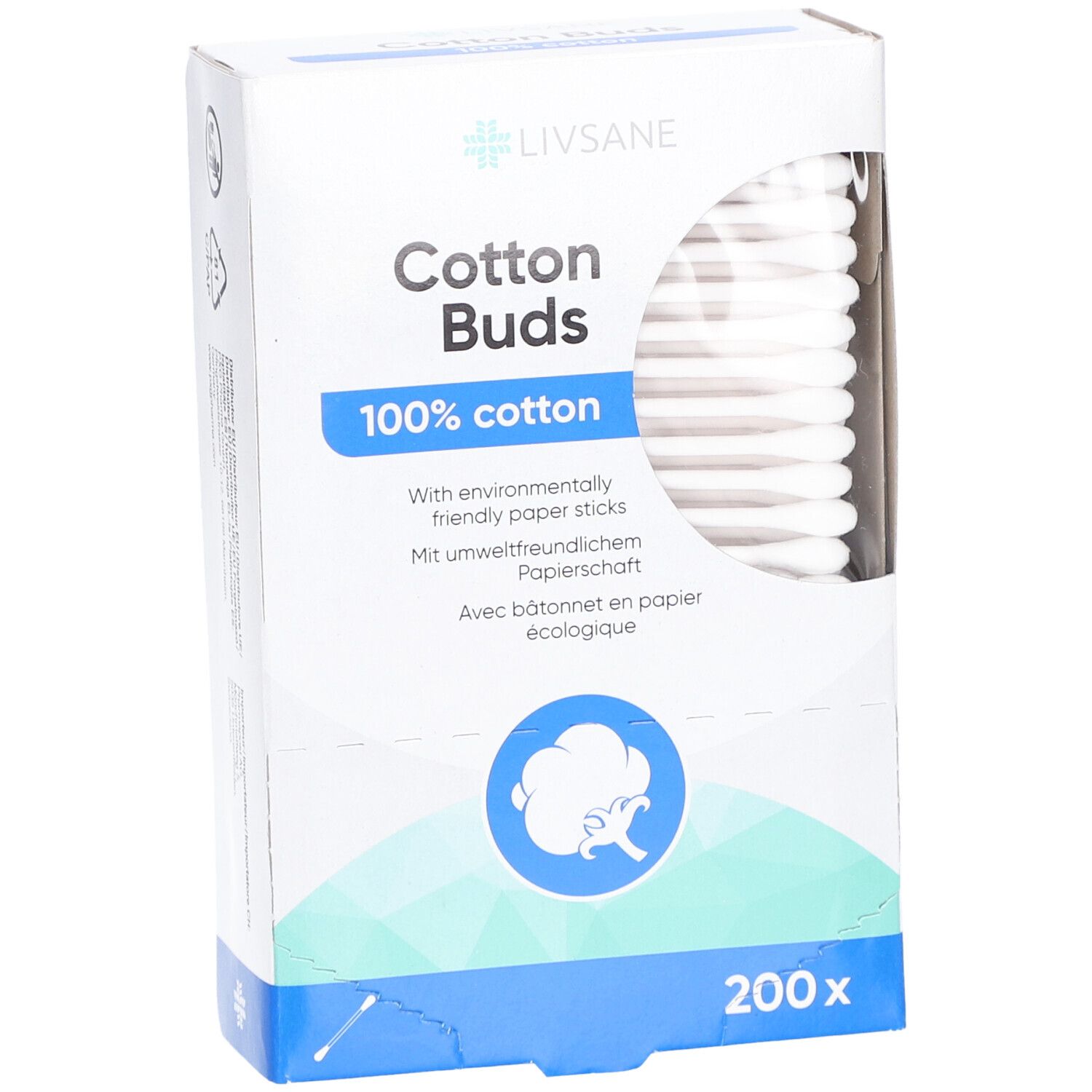 Verpackung mit Wattestäbchen. Marke Livsane, Aufschrift 'Cotton Buds', '100% cotton'. 200 Stück. Sichtbare Wattestäbchen.