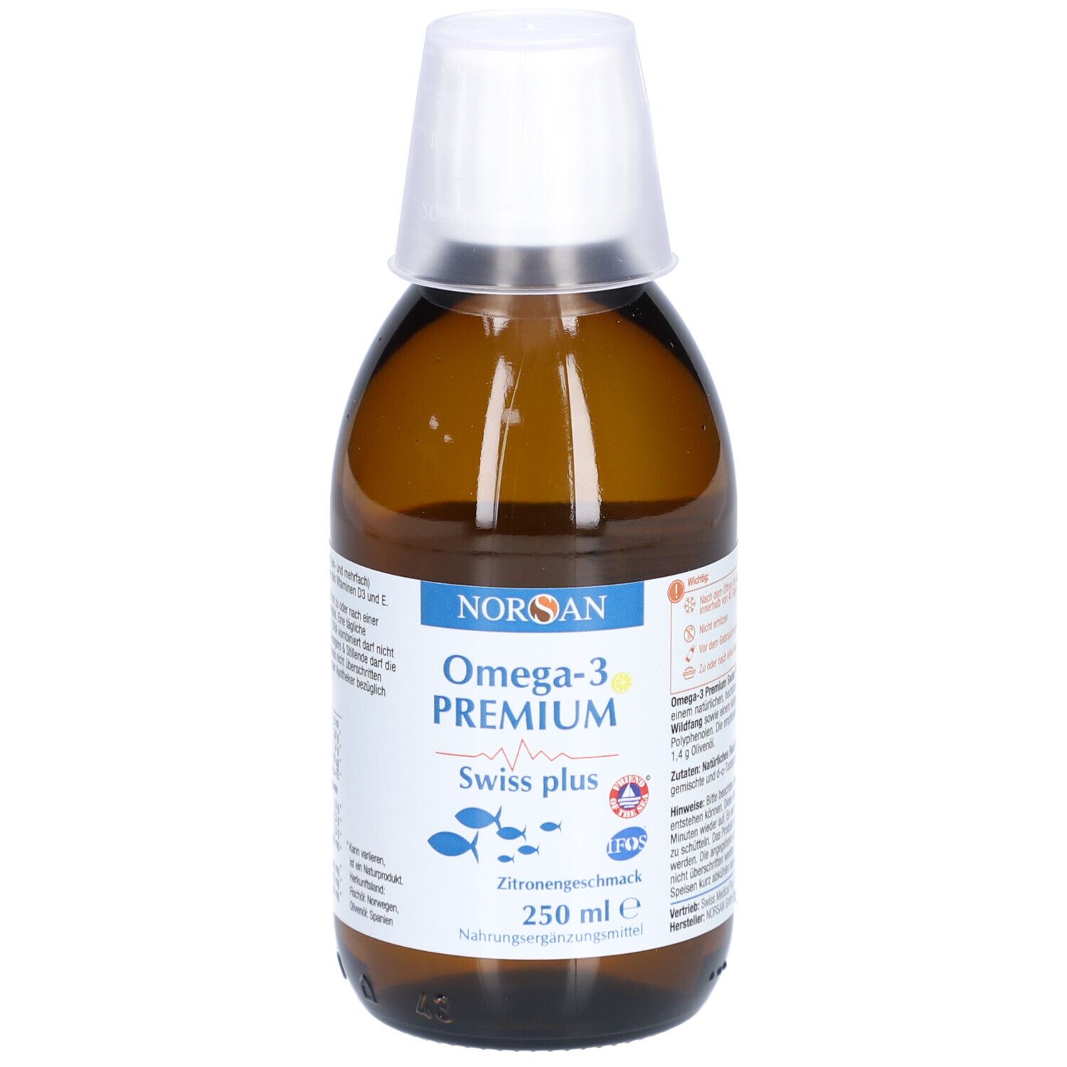 Braune Flasche mit weißem Deckel. Aufschrift: NORSAN Omega-3 Premium Swiss plus. Zitronengeschmack. 250 ml.