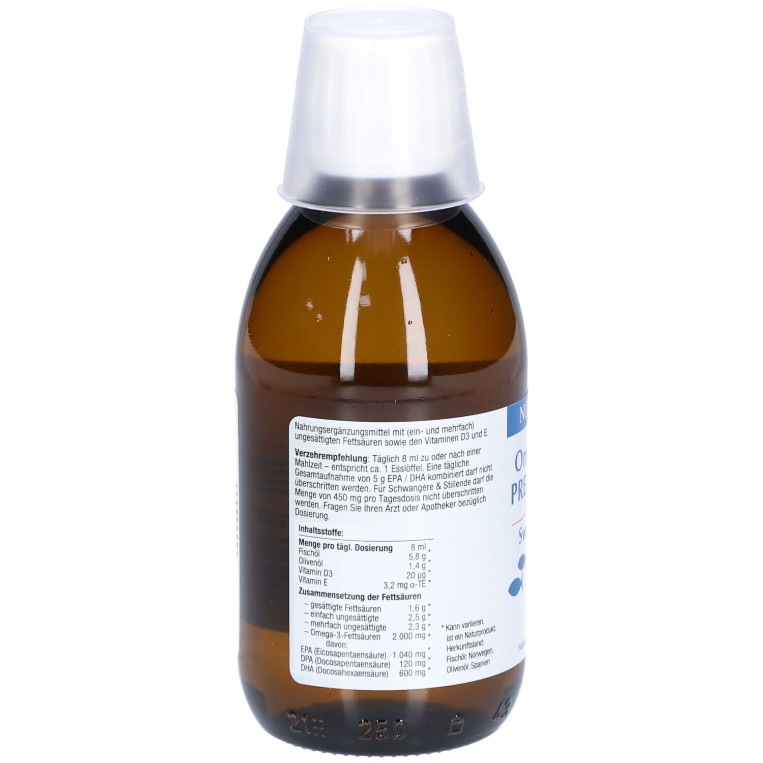 Braune Flasche mit weißem Deckel. Rückseite mit Informationen. Aufschrift: NORSAN Omega-3 Premium Swiss plus.