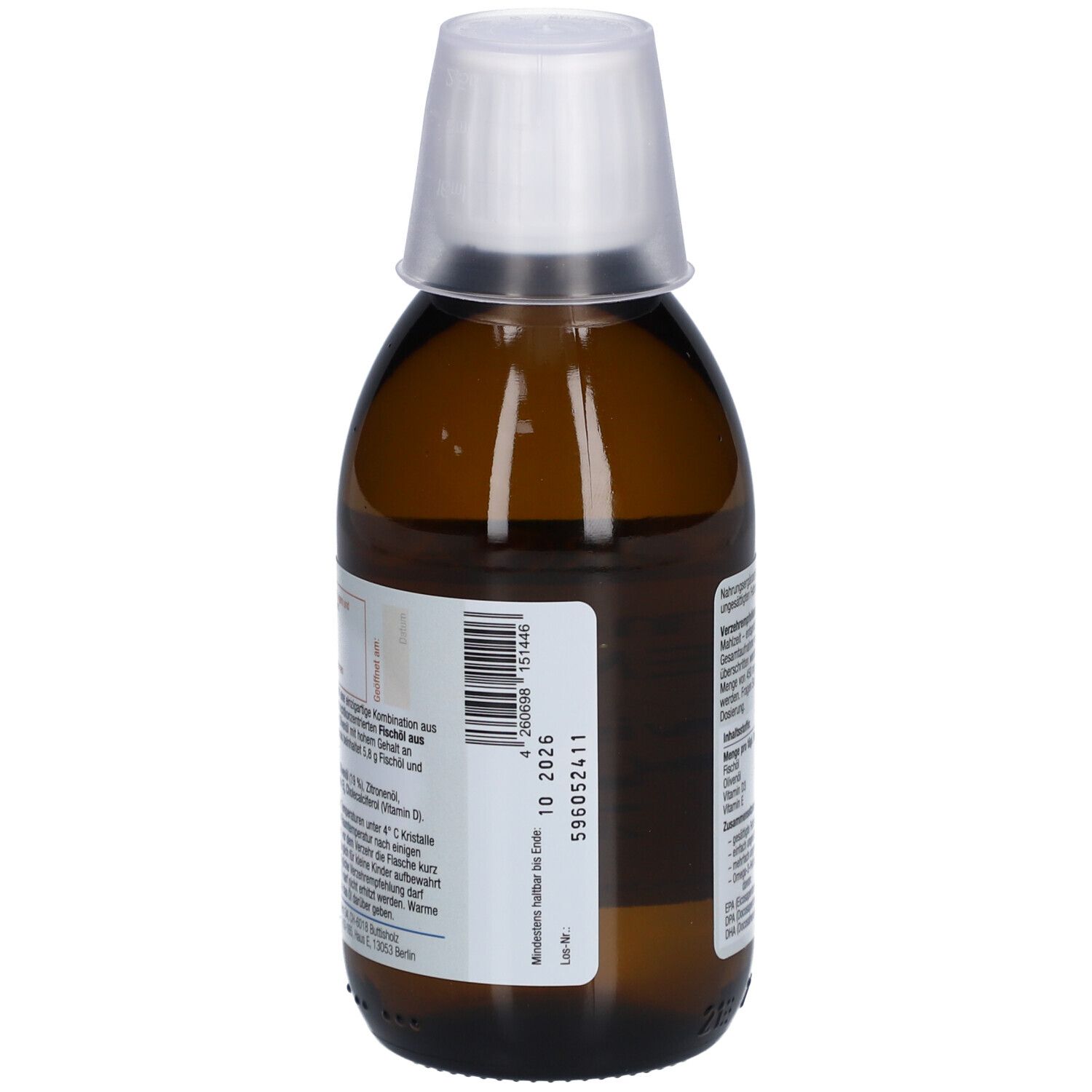 Braune Flasche mit weißem Deckel. Rückseite mit Informationen. Aufschrift: NORSAN Omega-3 Premium Swiss plus. Mindestens haltbar bis 10 2026.