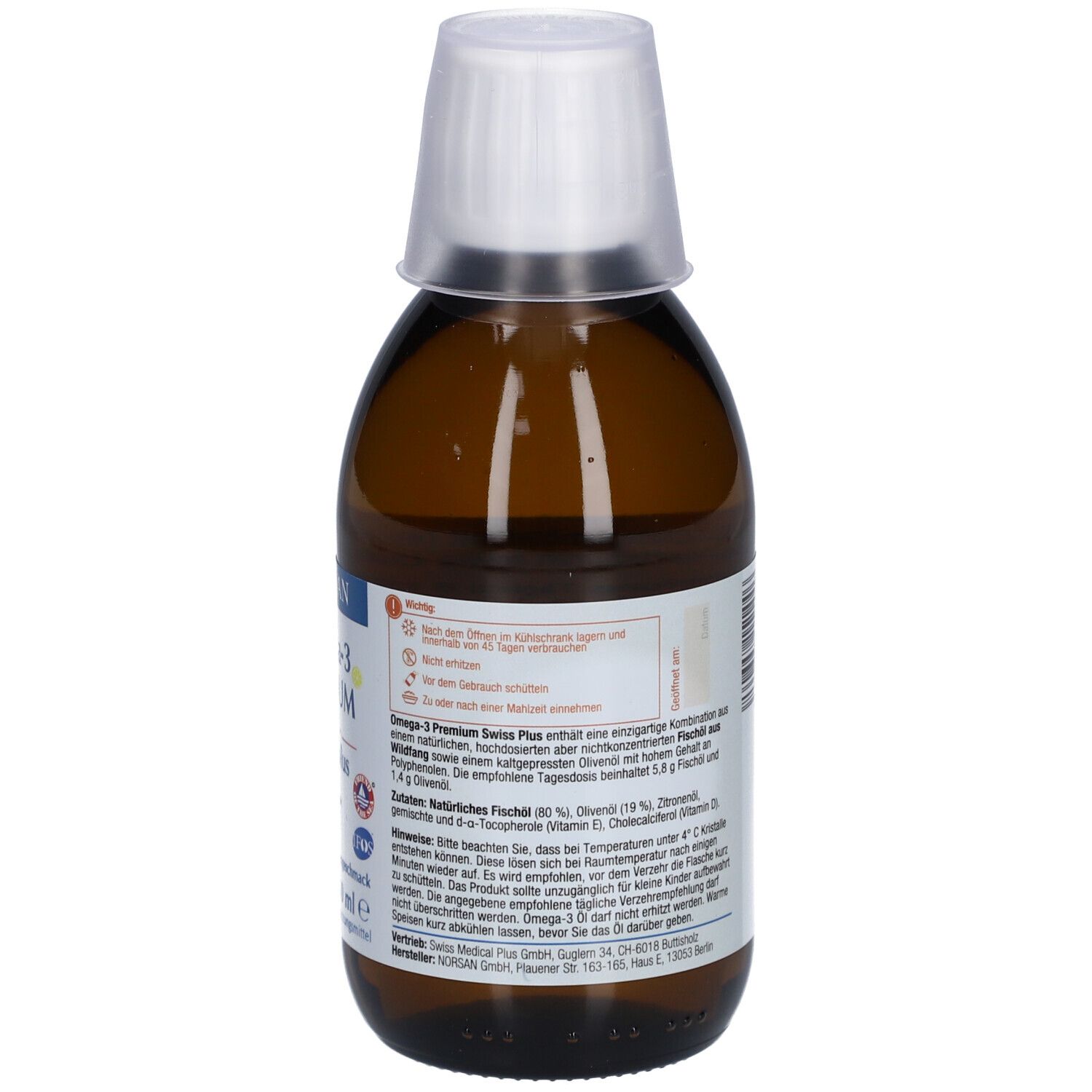 Braune Flasche mit weißem Deckel. Rückseite mit Informationen. Aufschrift: NORSAN Omega-3 Premium Swiss plus.