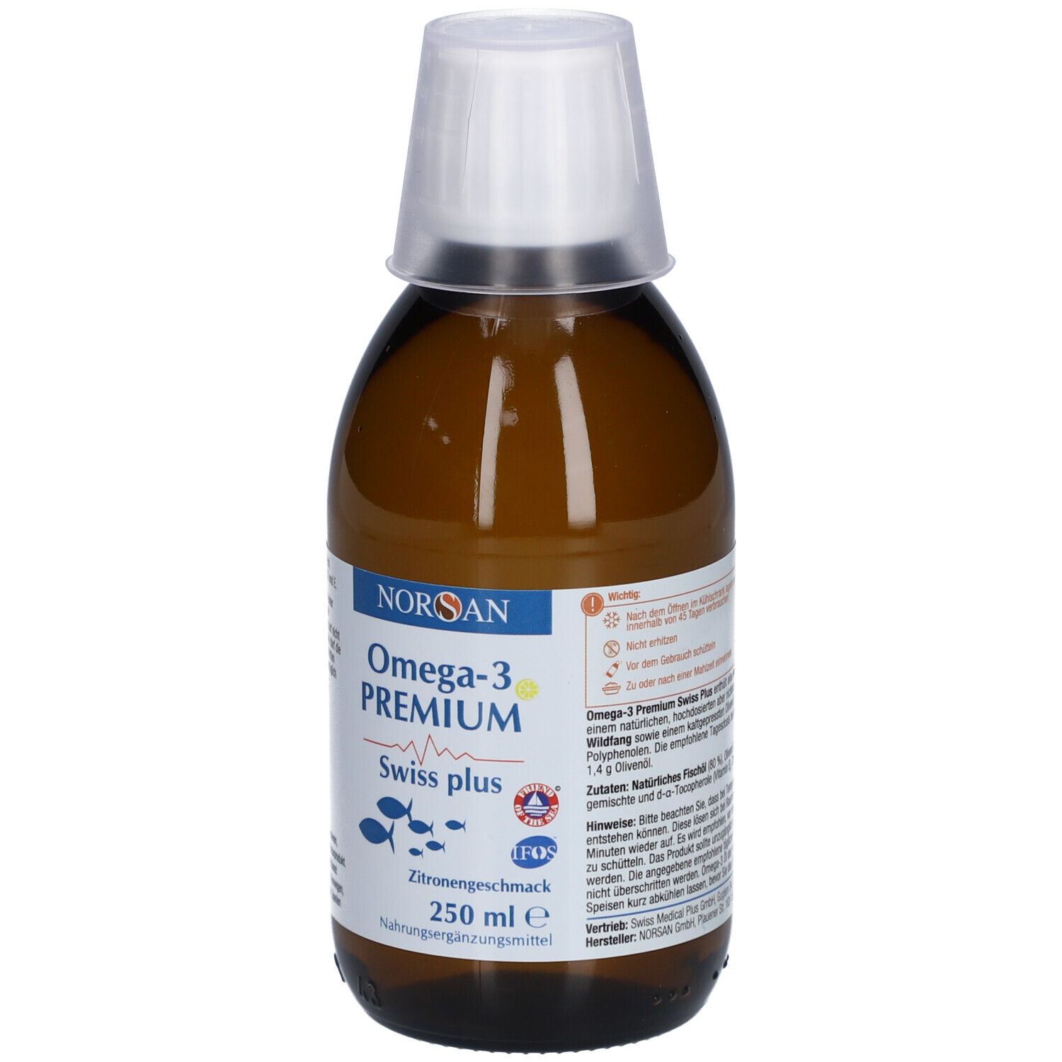 Braune Flasche mit weißem Deckel. Aufschrift: NORSAN Omega-3 Premium Swiss plus. Zitronengeschmack. 250 ml.