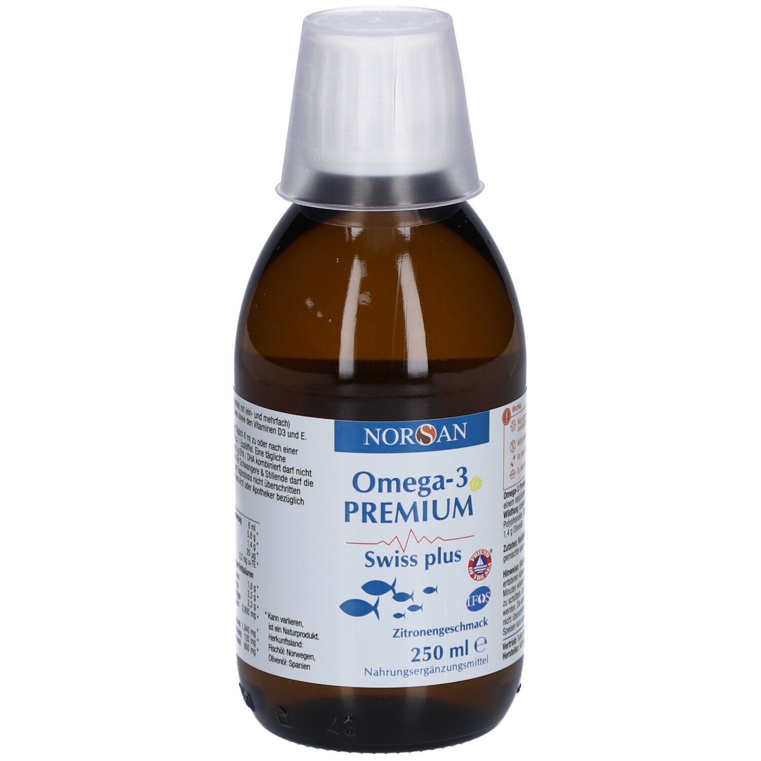 Braune Flasche mit weißem Deckel. Aufschrift: NORSAN Omega-3 Premium Swiss plus. Zitronengeschmack. 250 ml.