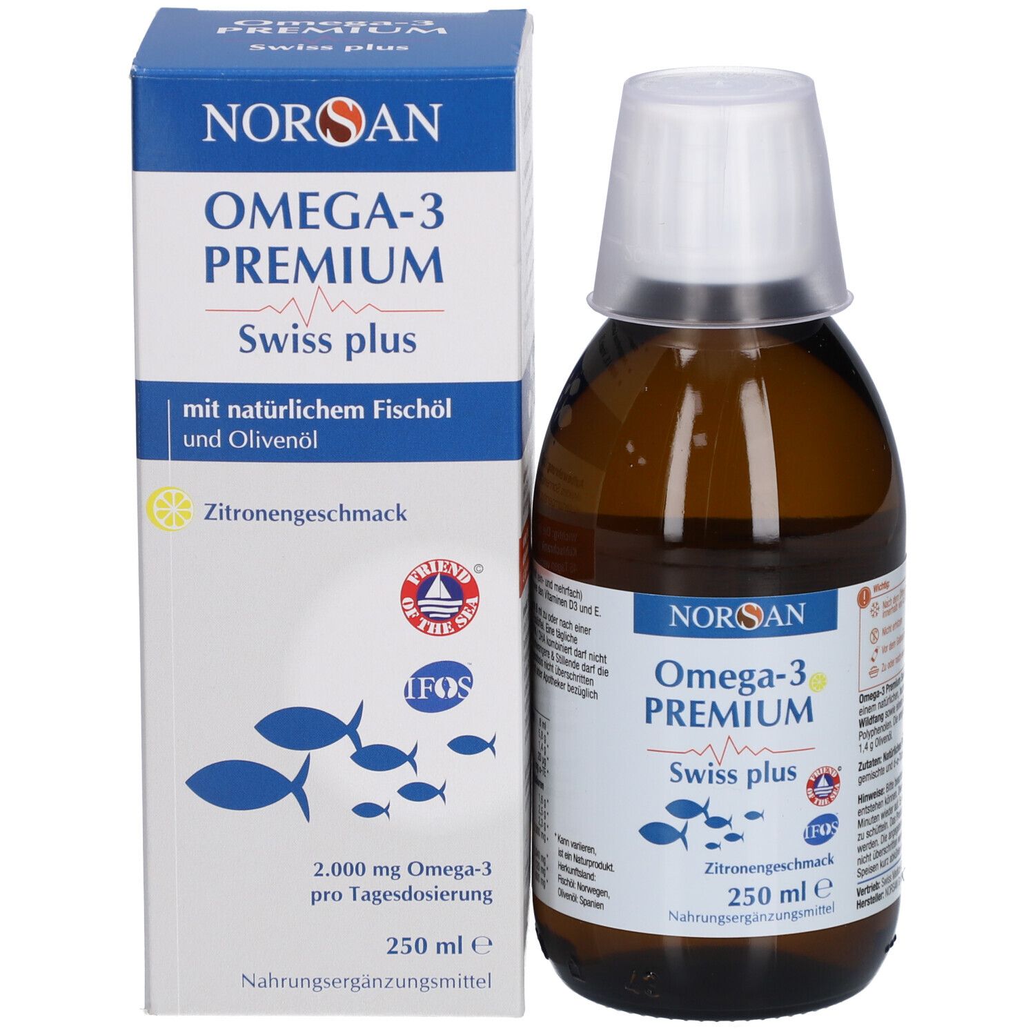 Produktflasche und Verpackung. Aufschrift: NORSAN Omega-3 Premium Swiss plus. Zitronengeschmack. 250 ml.