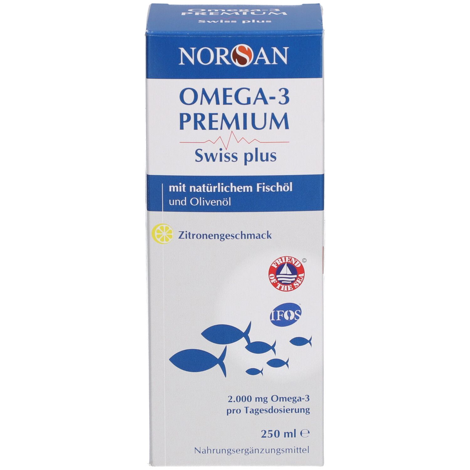 Produktverpackung. Aufschrift: NORSAN Omega-3 Premium Swiss plus. Zitronengeschmack. 250 ml.