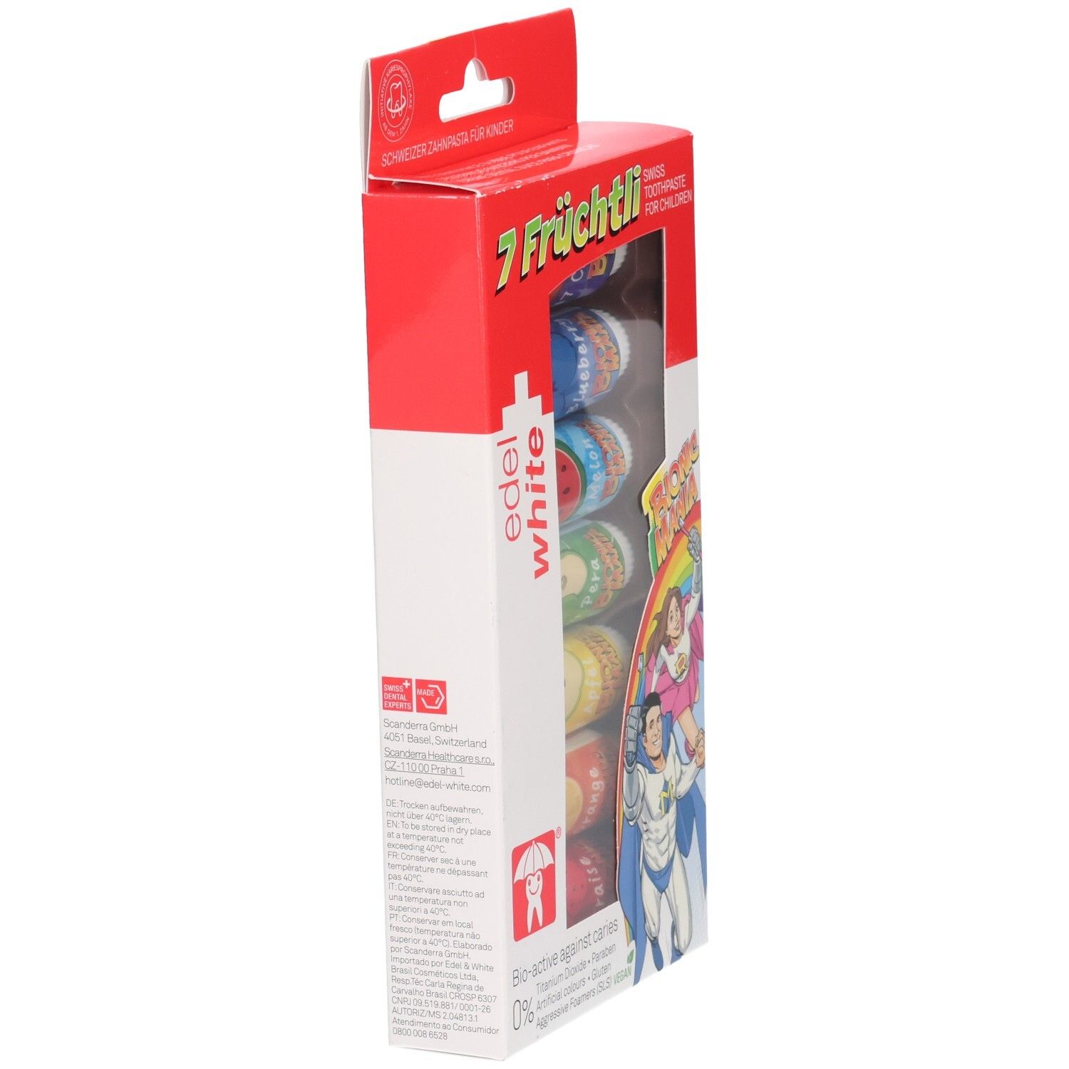 Verpackung mit 7 Fruchtli Edel White Zahnpasta-Kapseln, bunte Kapseln sichtbar, Comic-Figuren auf der Seite.