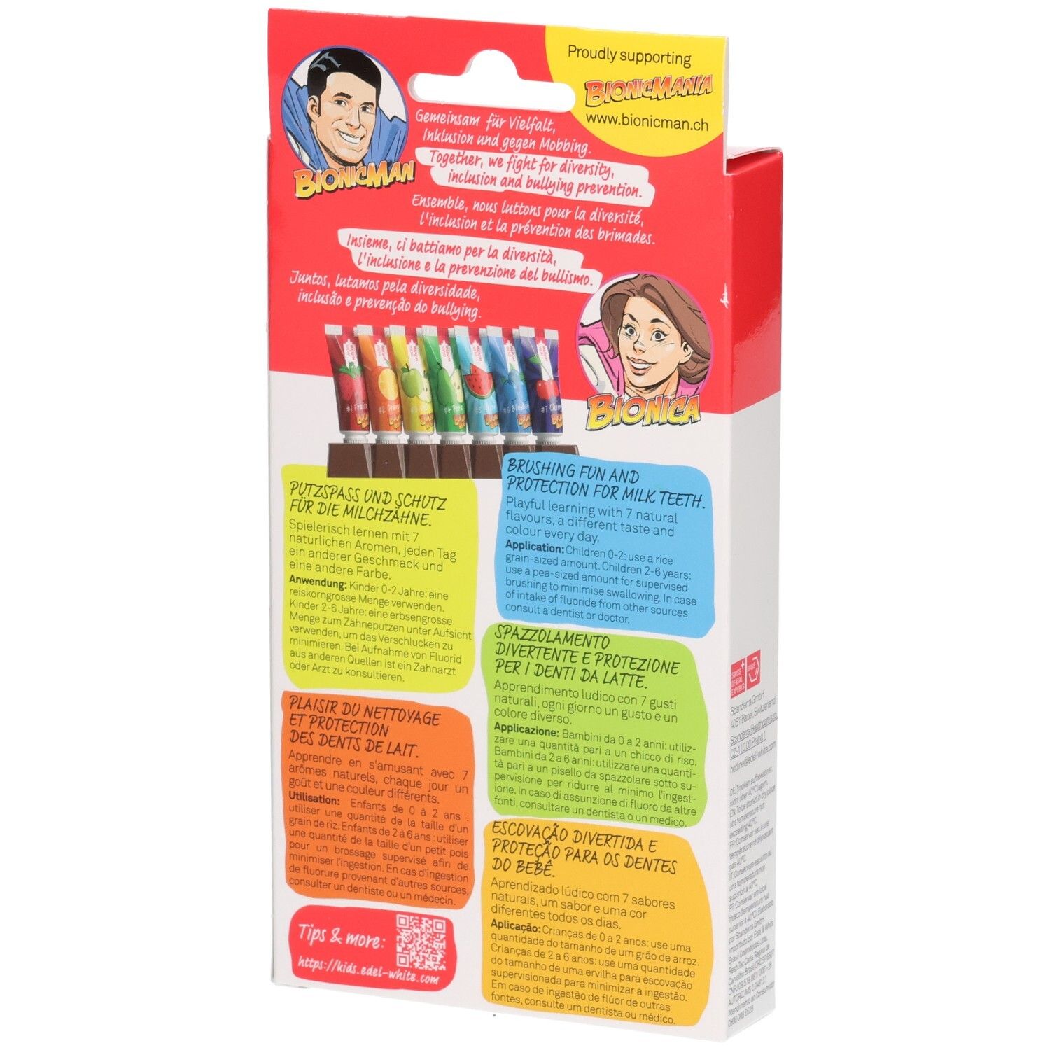 Verpackung mit sieben bunten Kinderzahnbürsten.