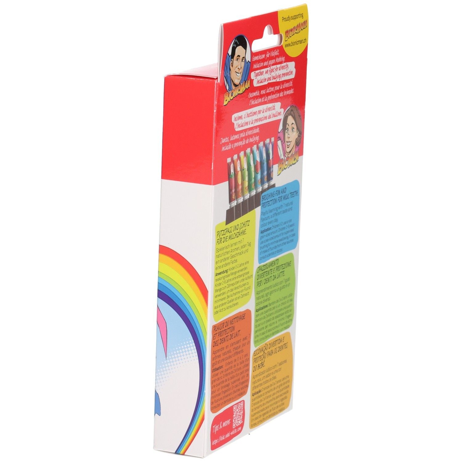 Verpackung mit Buntstiften, Regenbogen-Design, Comic-Figuren und Text.