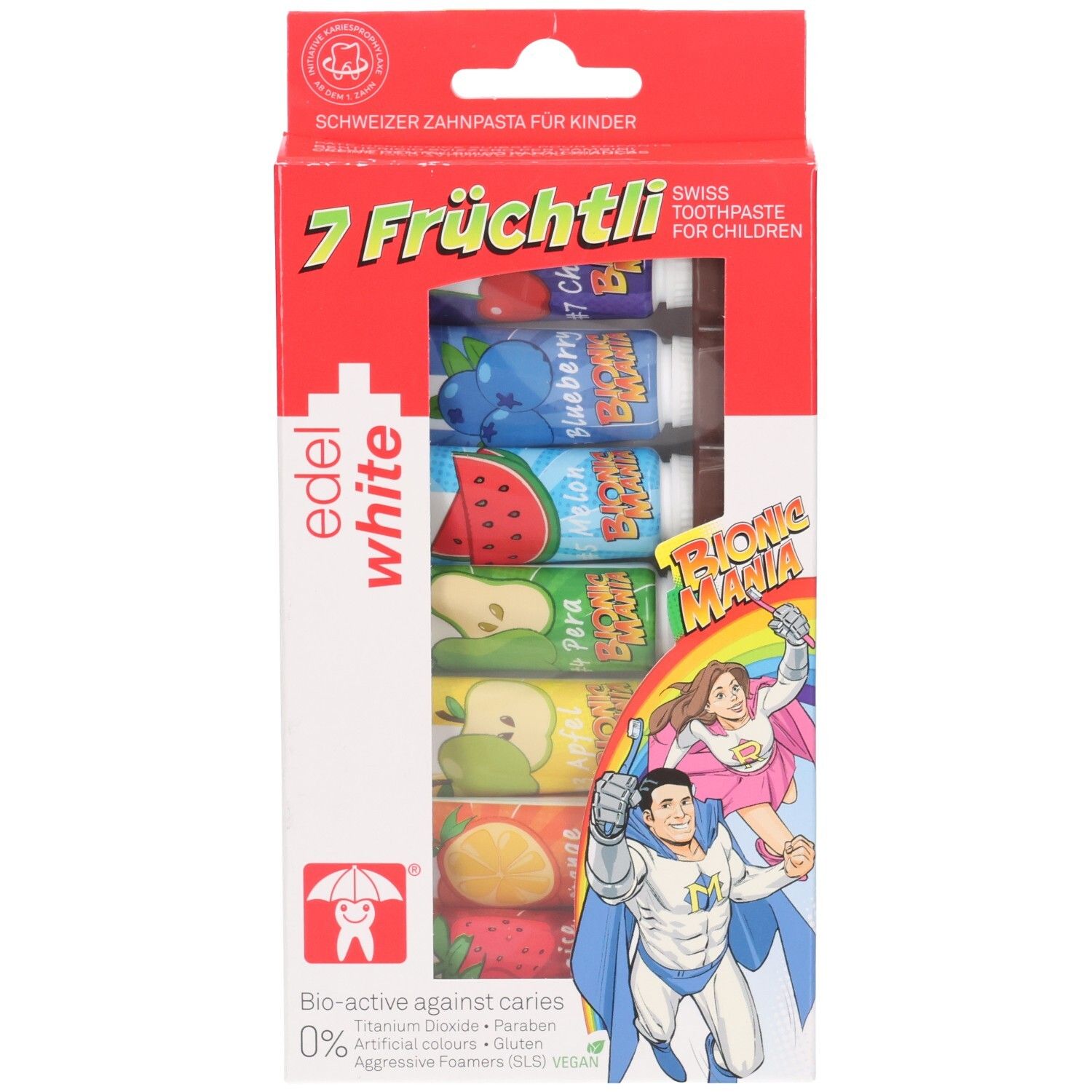 Edel White 7 Fruchtli Kinderzahnpasta-Set mit 7 Tuben in Frucht-Designs. "Bionic Mania" Superhelden-Illustration.
