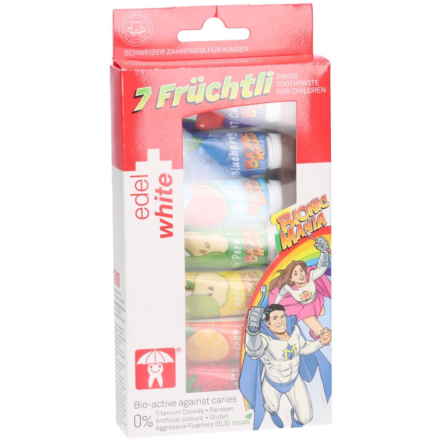 Verpackung mit 7 Kinderzahnpastatuben, "7 Fruchtli" und "edel white" Marken.