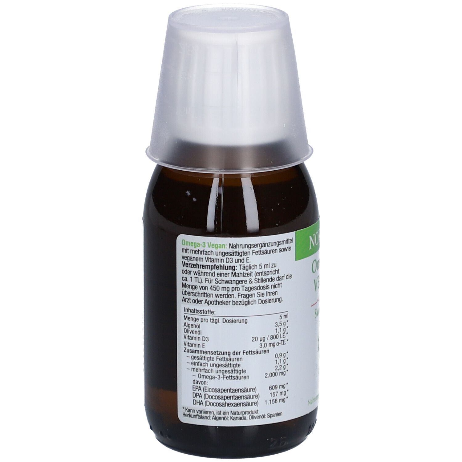 Flacon en verre brun avec bouchon blanc. Dos avec informations nutritionnelles et ingrédients. Inscription: Omega-3 Vegan, complément alimentaire.