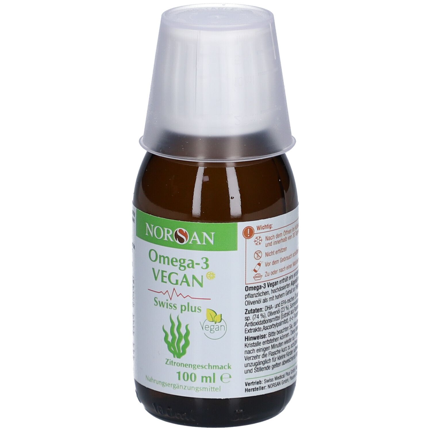 Flacon en verre brun avec bouchon blanc. Inscription: NORSAN Omega-3 VEGAN, Swiss plus, goût citron. Label végétalien.