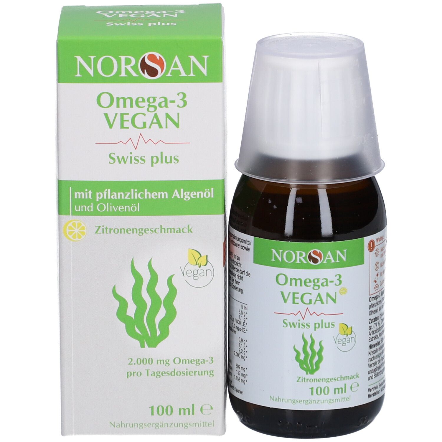 Flacon et emballage du produit. Inscription: NORSAN Omega-3 VEGAN, Swiss plus, avec huile d'algues végétales et huile d'olive. 100 ml.
