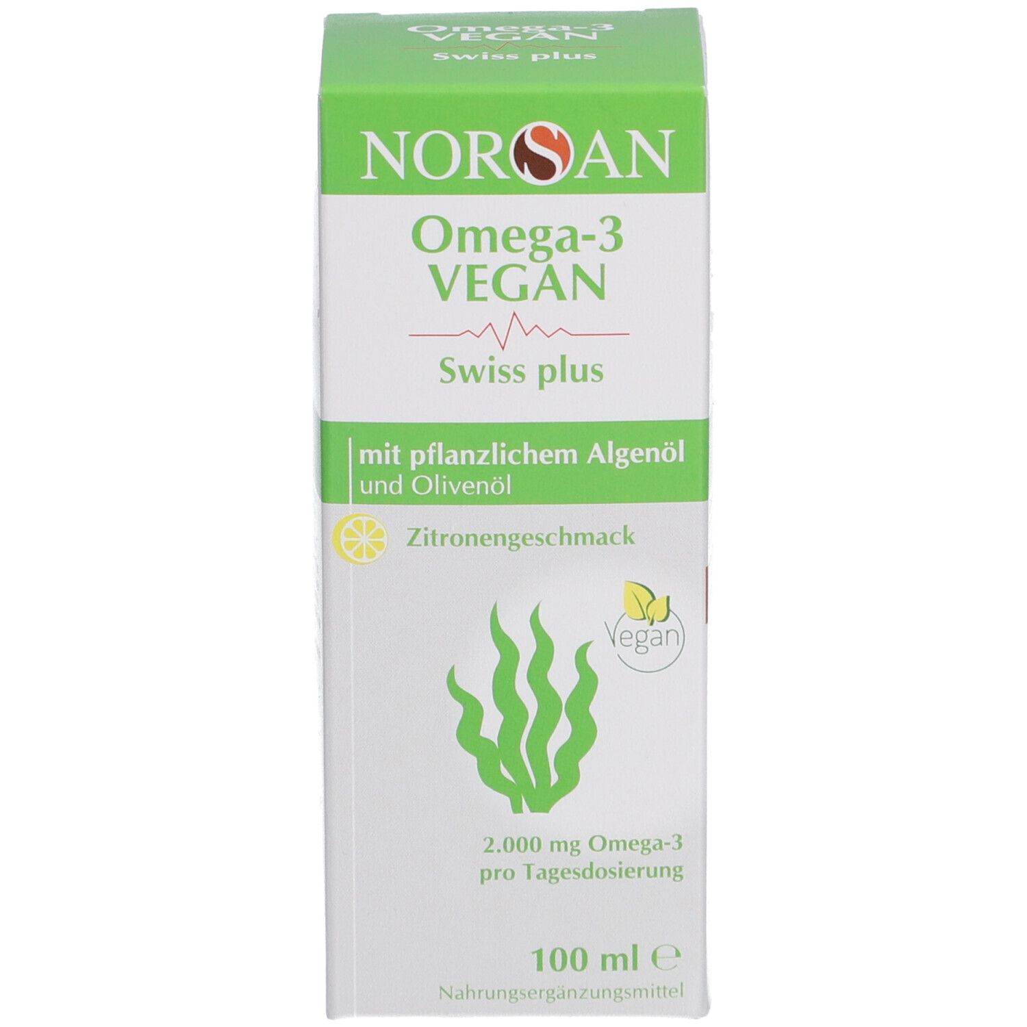 Emballage vert. Inscription: NORSAN Omega-3 VEGAN, Swiss plus, avec huile d'algues végétales et huile d'olive. 100 ml.