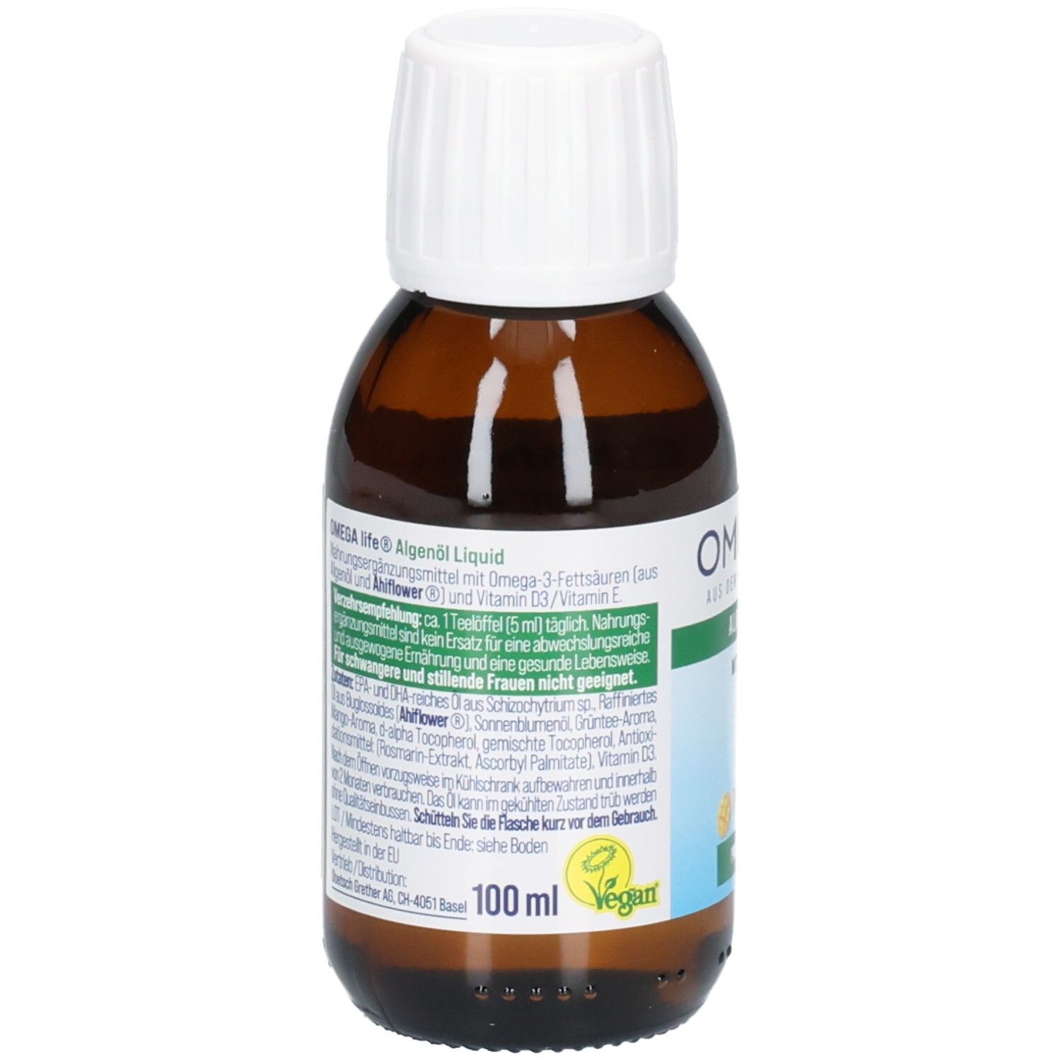 Rückseite einer braunen Glasflasche mit Etikett, das Inhaltsstoffe, Nährwertangaben und 100 ml Volumen auflistet.