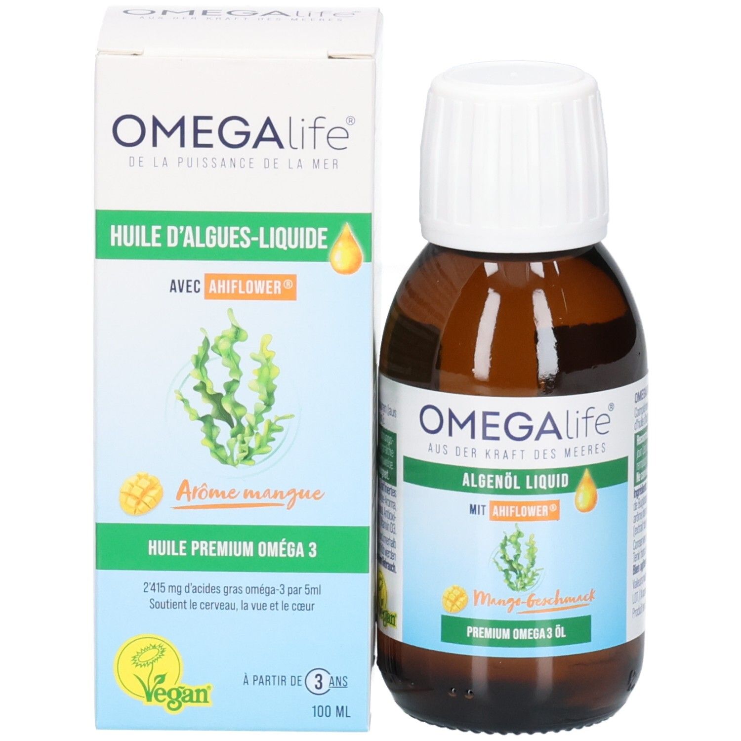 Braune Glasflasche und Kartonverpackung für Algenöl-Liquid mit Mango-Geschmack und veganer Zertifizierung.