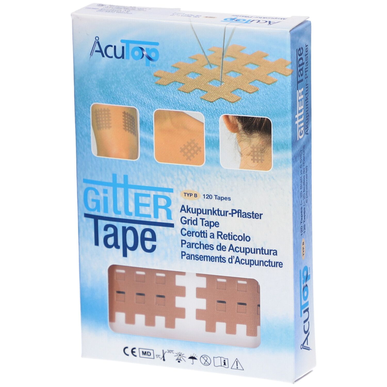 Verpackung mit Akupunktur-Pflastern. Aufdruck: Gitter Tape, 120 Tapes. Beige Pflaster in Wabenform.