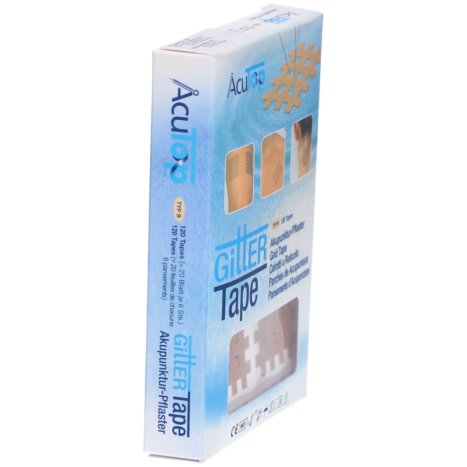 Seitenansicht der Produktverpackung. Aufdruck: Gitter Tape, 120 Tapes. Beige Pflaster in Wabenform.