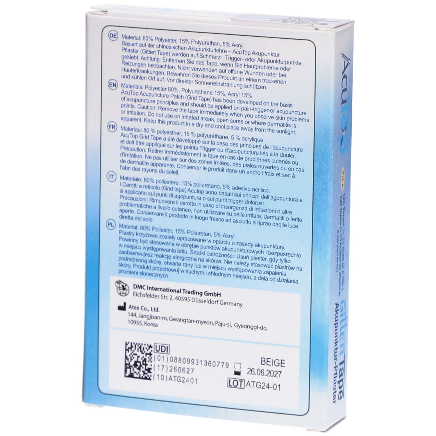 Rückseite der Produktverpackung. Text in Deutsch, Englisch, Französisch und Italienisch. Hersteller- und Chargeninformationen.