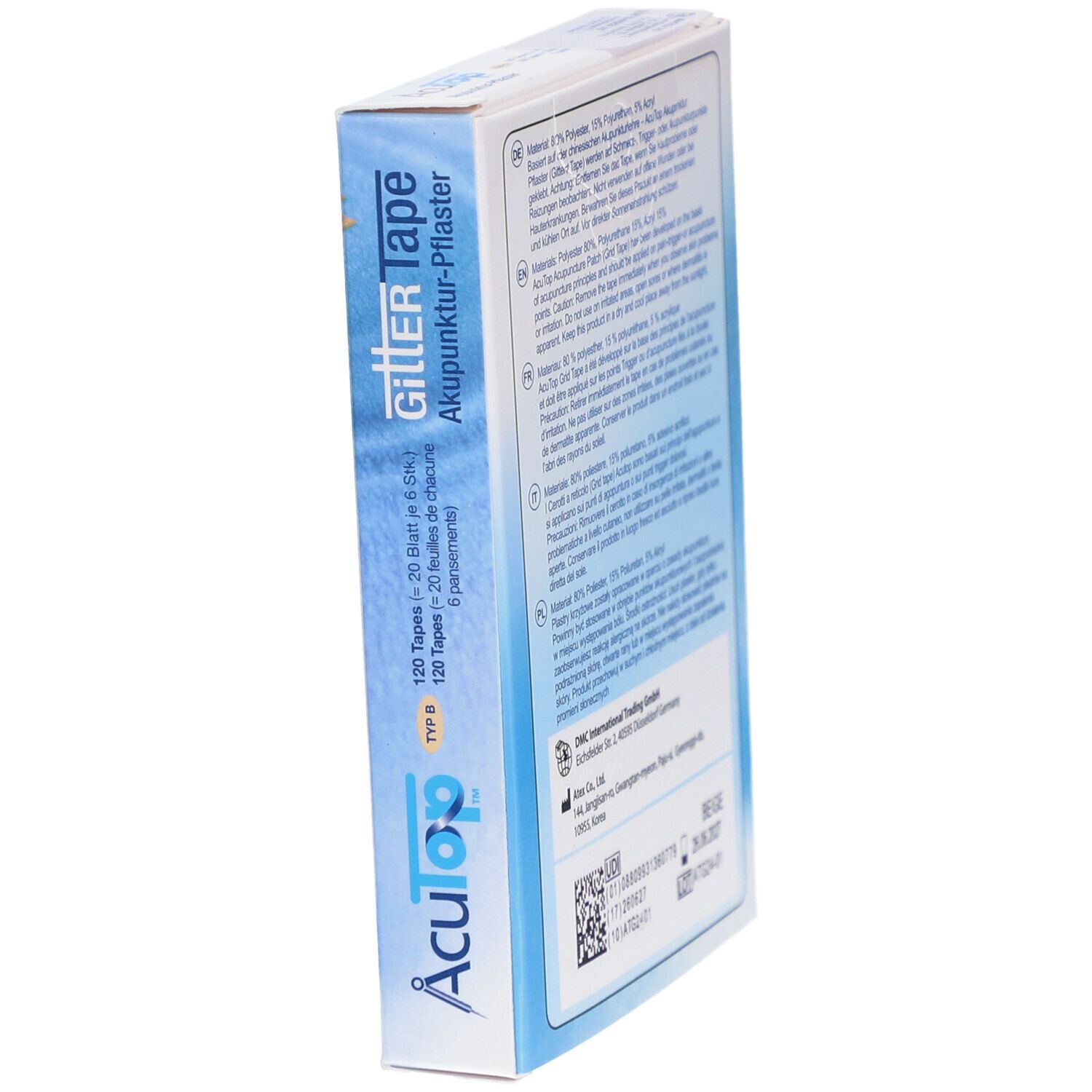 Seitenansicht der Produktverpackung. Aufdruck: Gitter Tape, 120 Tapes. Herstellerinformationen und Chargennummer.