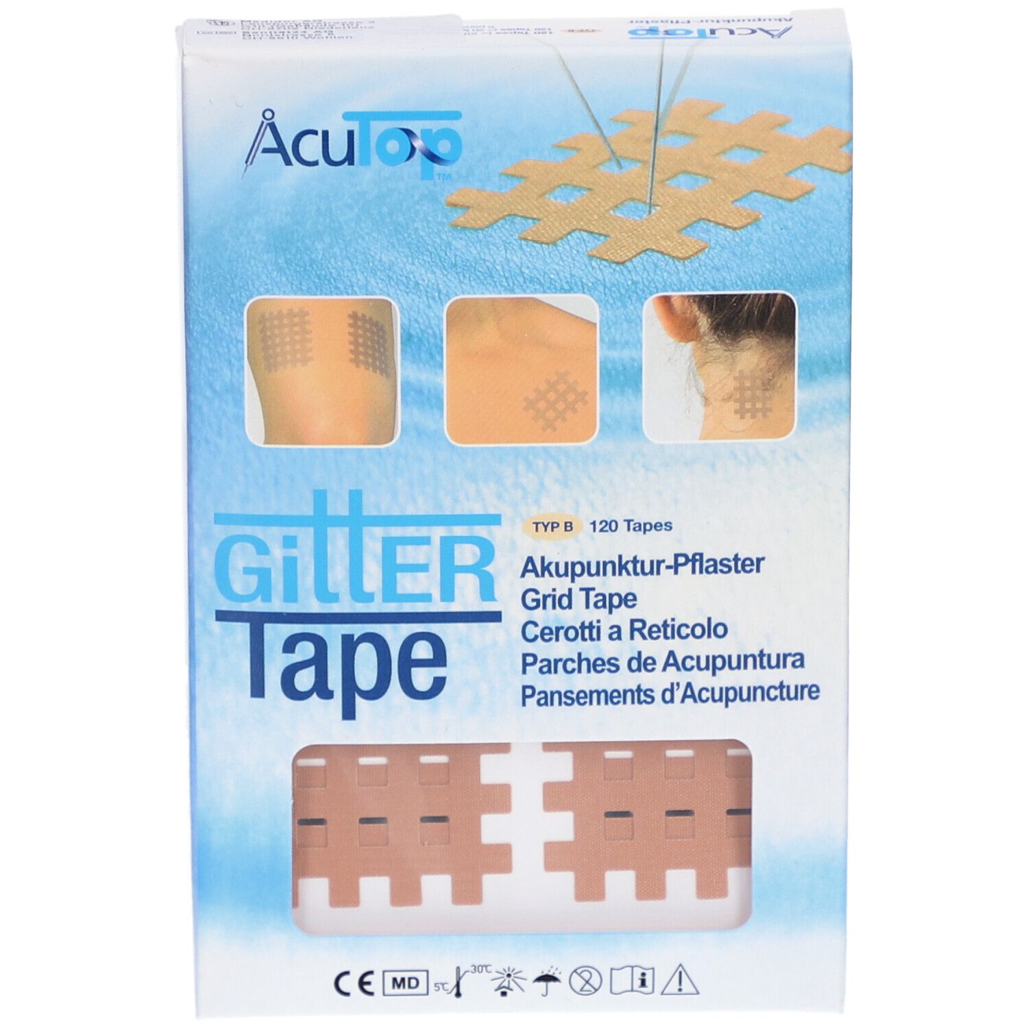 Produktverpackung mit Akupunktur-Pflastern. Aufdruck: Gitter Tape, 120 Tapes. Beige Pflaster in Wabenform.