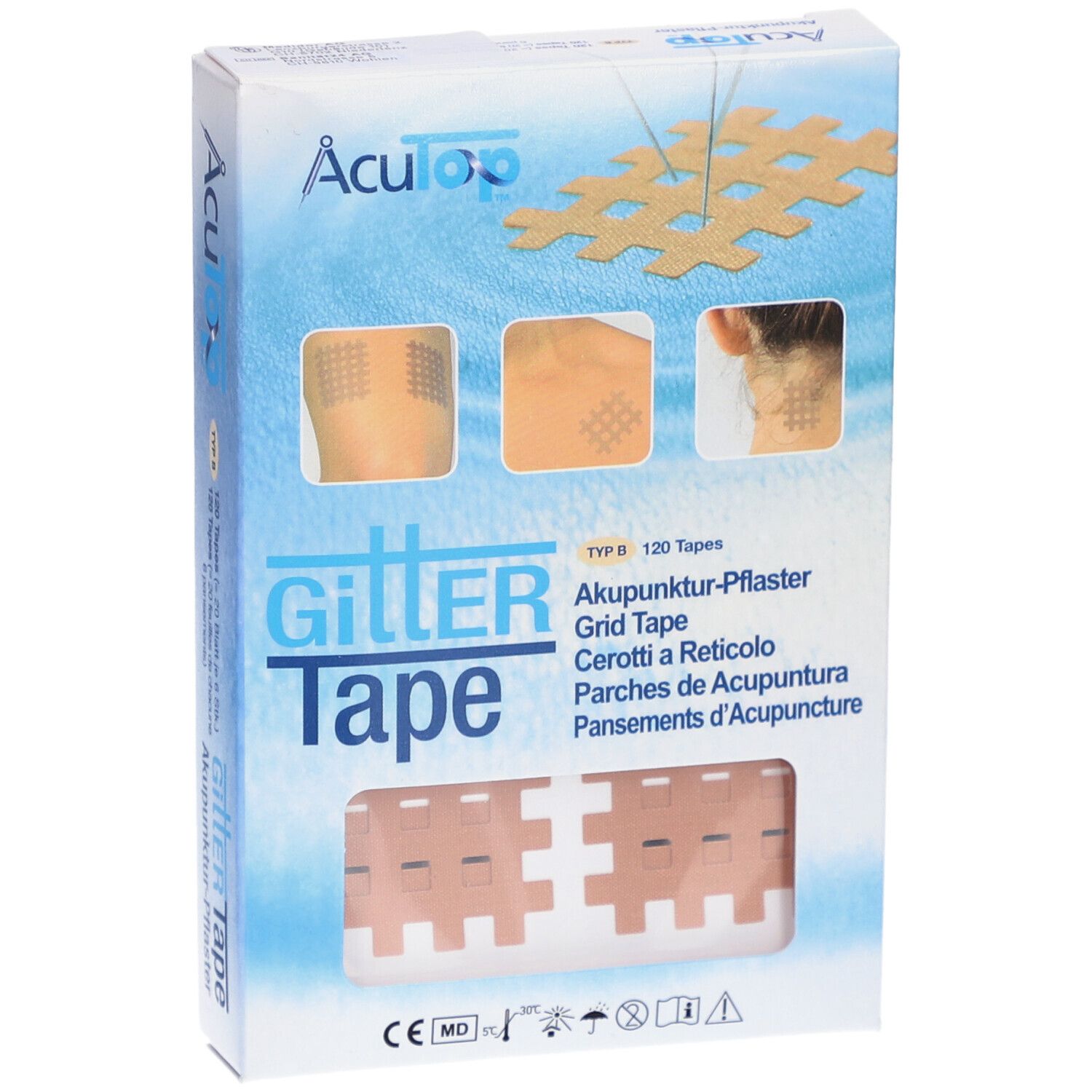Produktverpackung mit Akupunktur-Pflastern. Aufdruck: Gitter Tape, 120 Tapes. Beige Pflaster in Wabenform.
