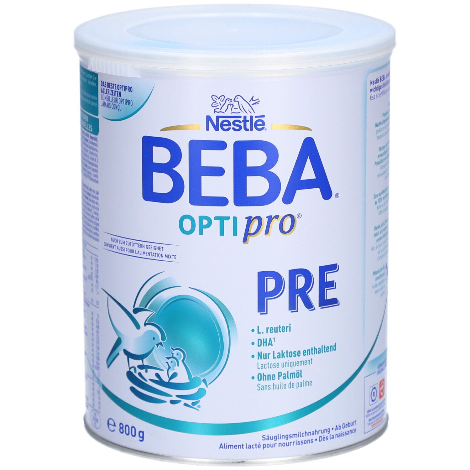 Runde Dose BEBA Optipro PRE Säuglingsmilchnahrung. Blau-weißes Design mit Logo, Text und Illustrationen. 800g.