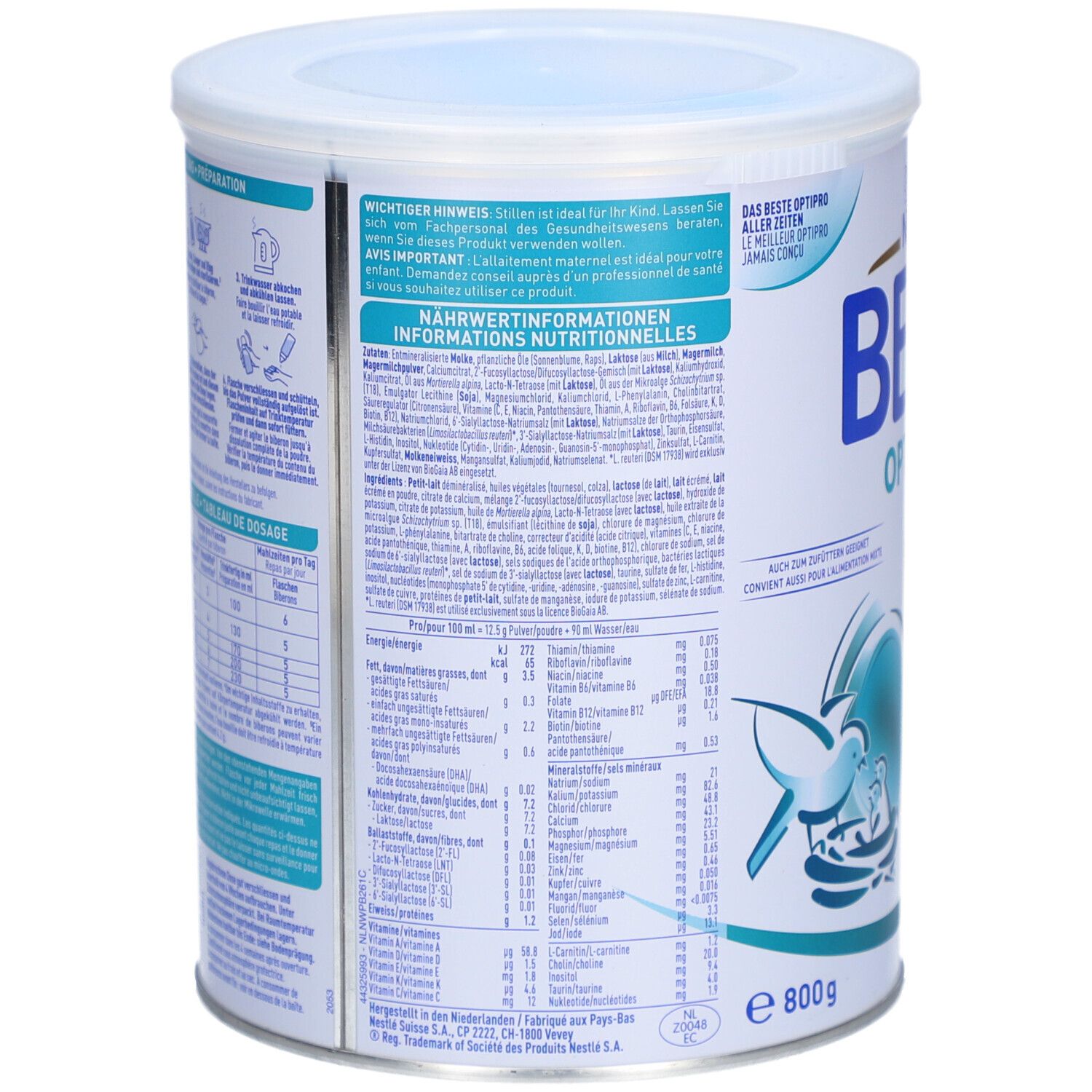 Rückseite der Dose BEBA Optipro PRE. Enthält Nährwertinformationen und Text in mehreren Sprachen. 800g.