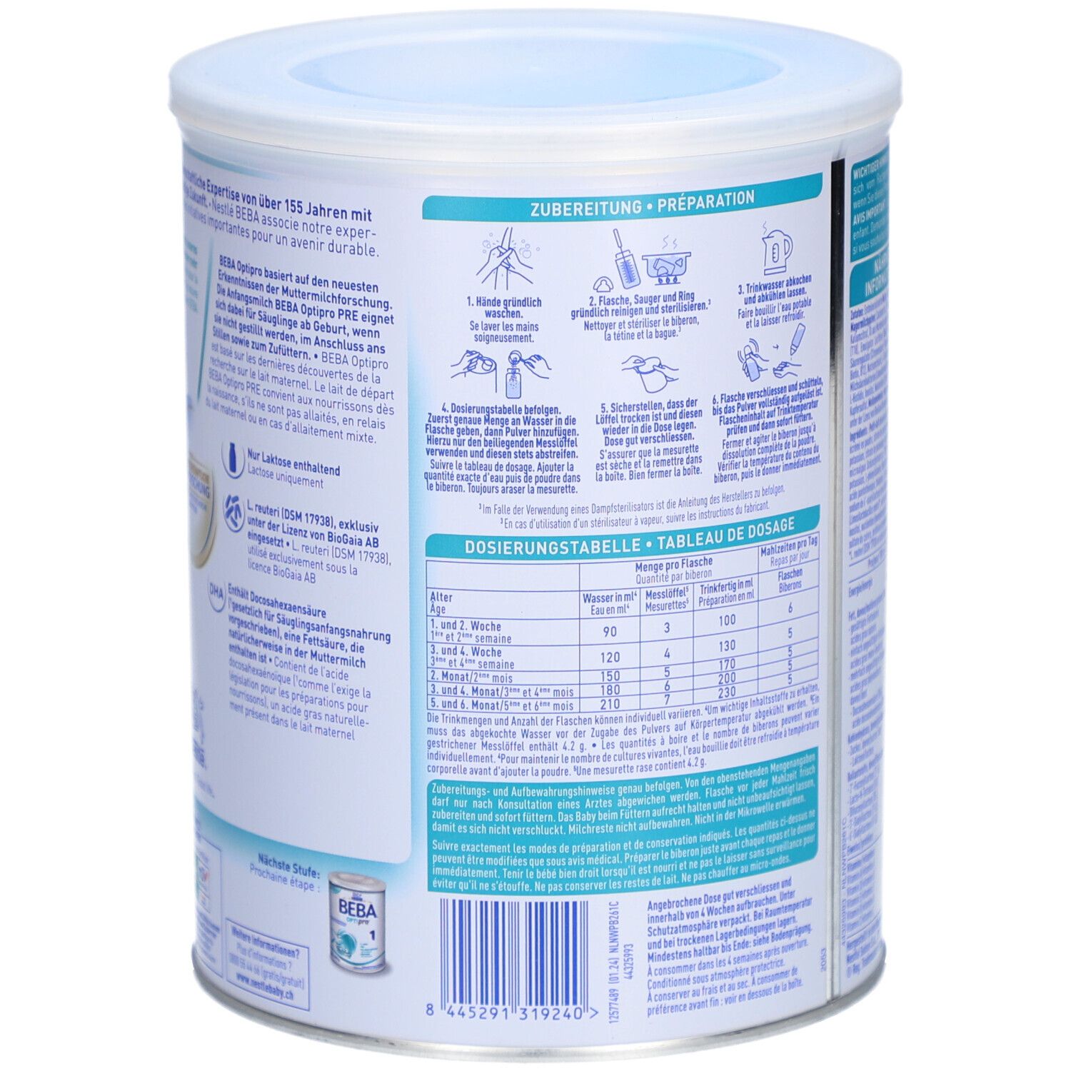 Rückseite der Dose BEBA Optipro PRE. Zubereitungshinweise und Dosierungstabelle. Mehrsprachiger Text. 800g.