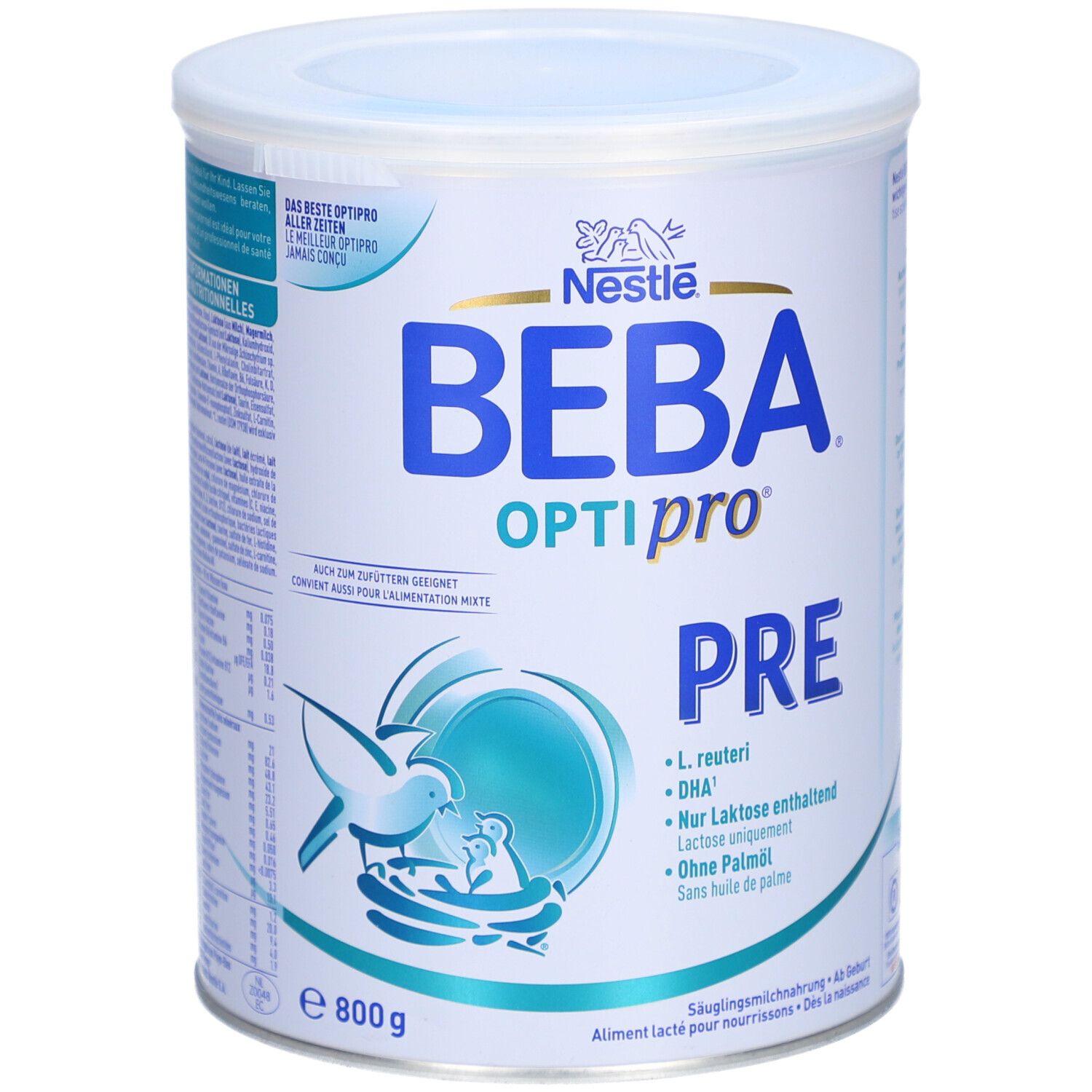 Vorderseite der Dose BEBA Optipro PRE. Blau-weißes Design mit Logo, Text und Illustrationen. 800g.