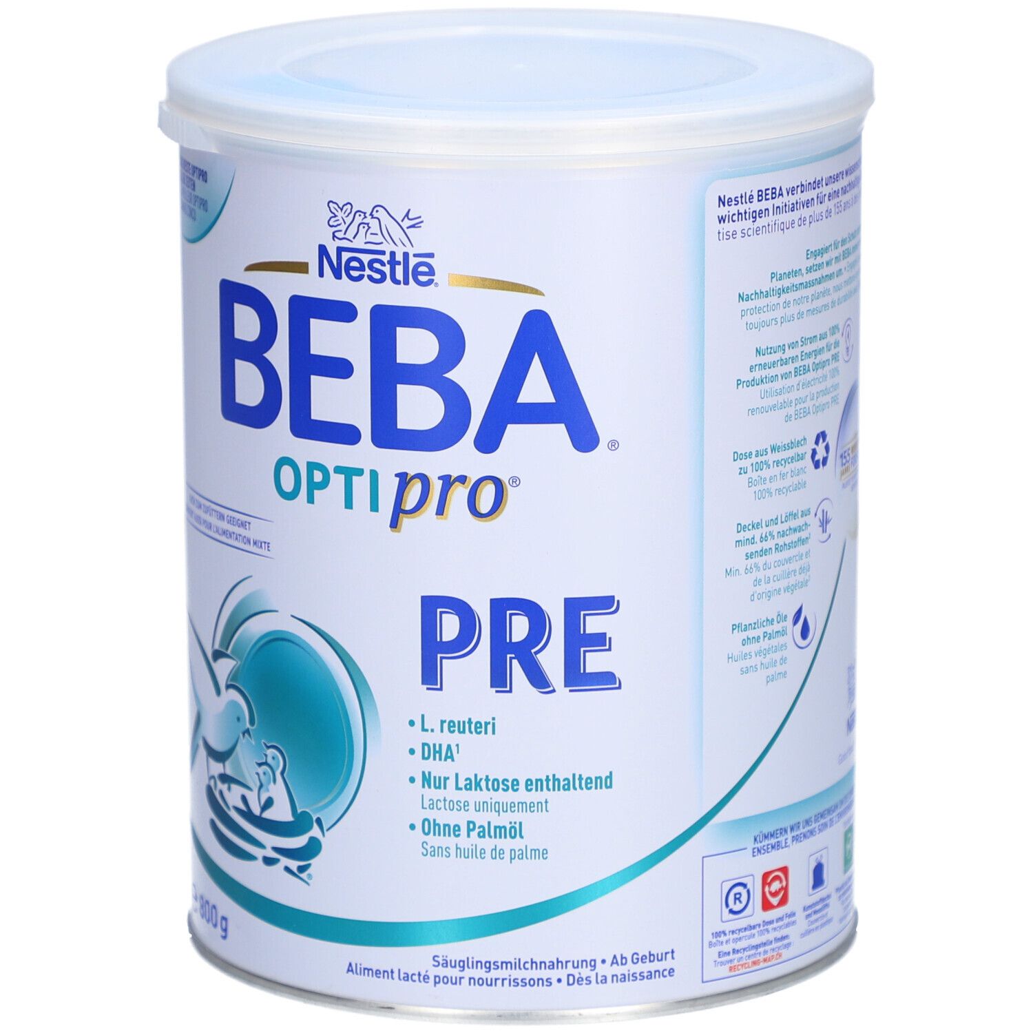 Dose BEBA Optipro PRE. Blau-weißes Design mit Logo, Text und Illustrationen. 1000g. Mit Zertifizierungen.