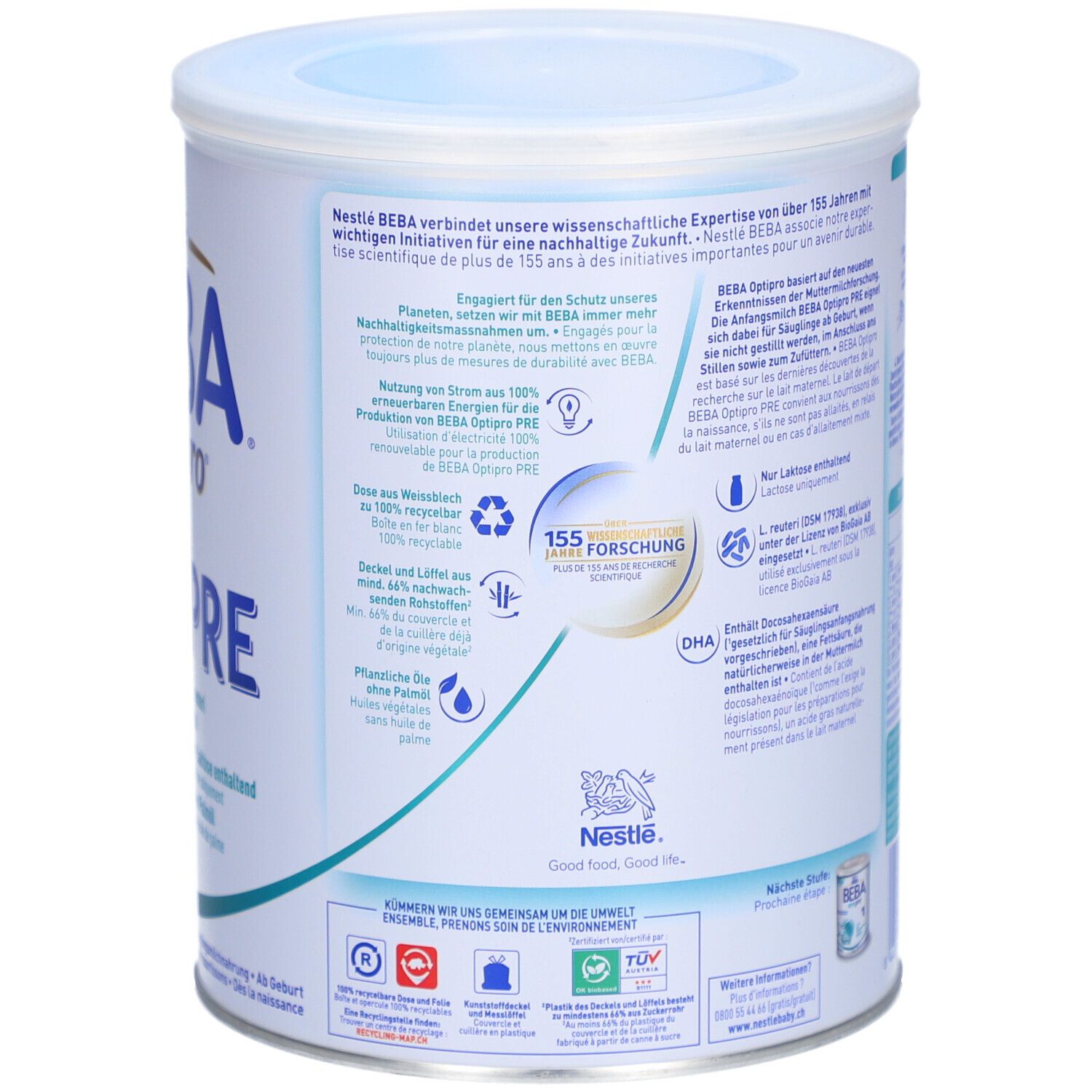 Rückseite der Dose BEBA Optipro PRE. Text, Logos und Zertifizierungen. Nachhaltigkeitsinformationen. 1000g.