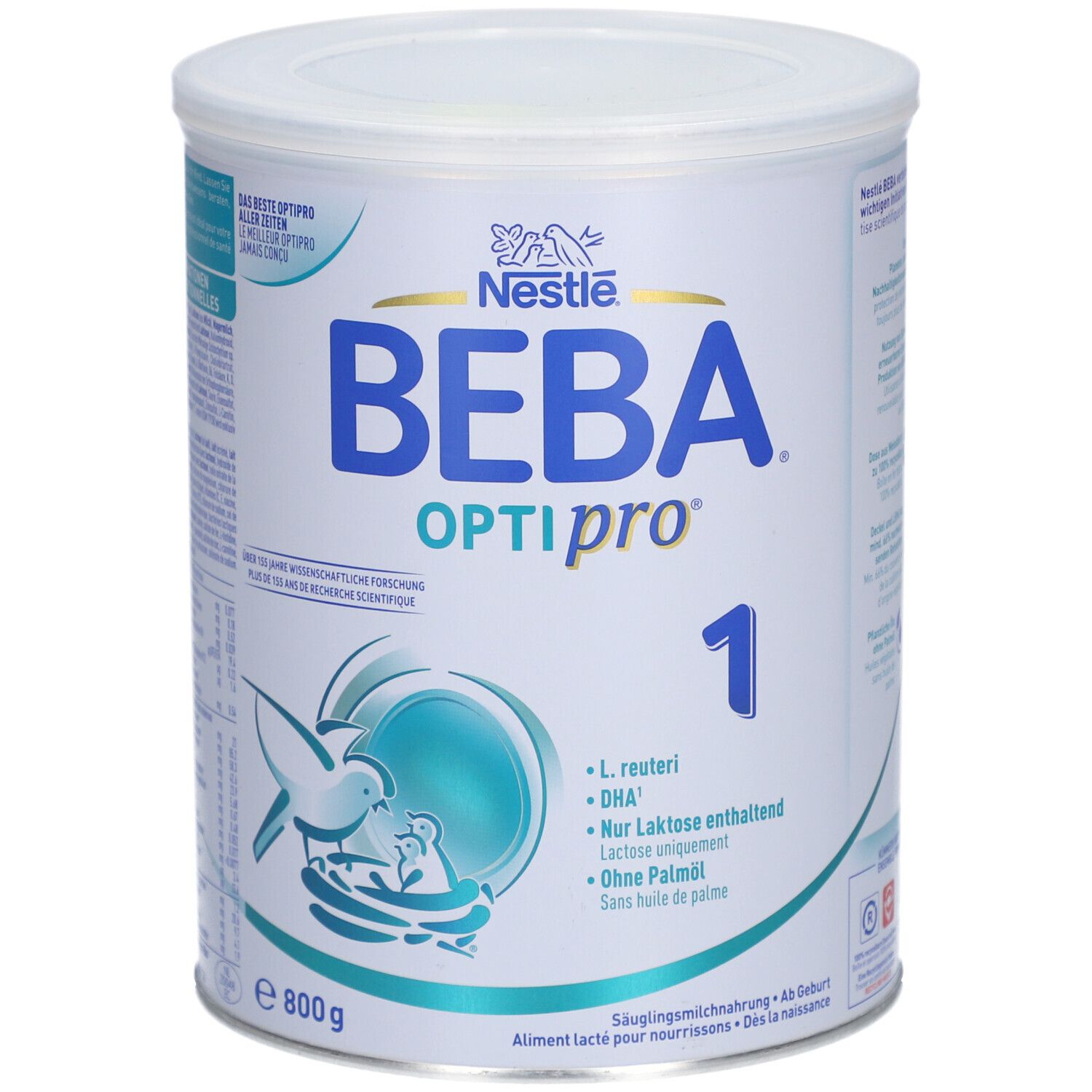 Weiß-blaue Dose BEBA Optipro 1. Nestlé-Logo. Text: L. reuteri, DHA, Nur Laktose, Ohne Palmöl. 800g.