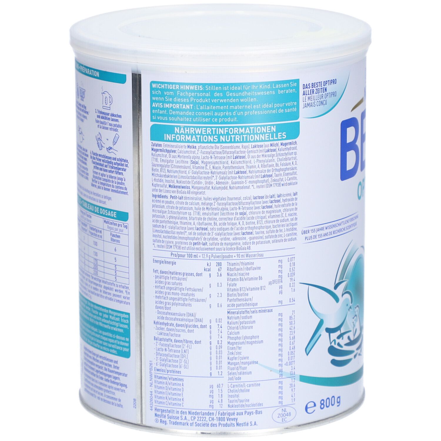 Rückseite der Dose BEBA Optipro 1. Enthält Nährwertinformationen und Inhaltsstoffe. 800g.