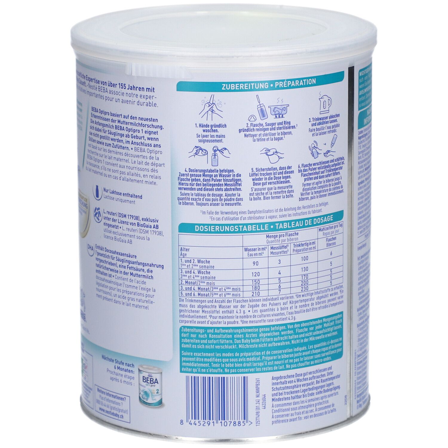Rückseite der Dose BEBA Optipro 1. Zubereitungsanleitung und Dosierungstabelle. 800g.
