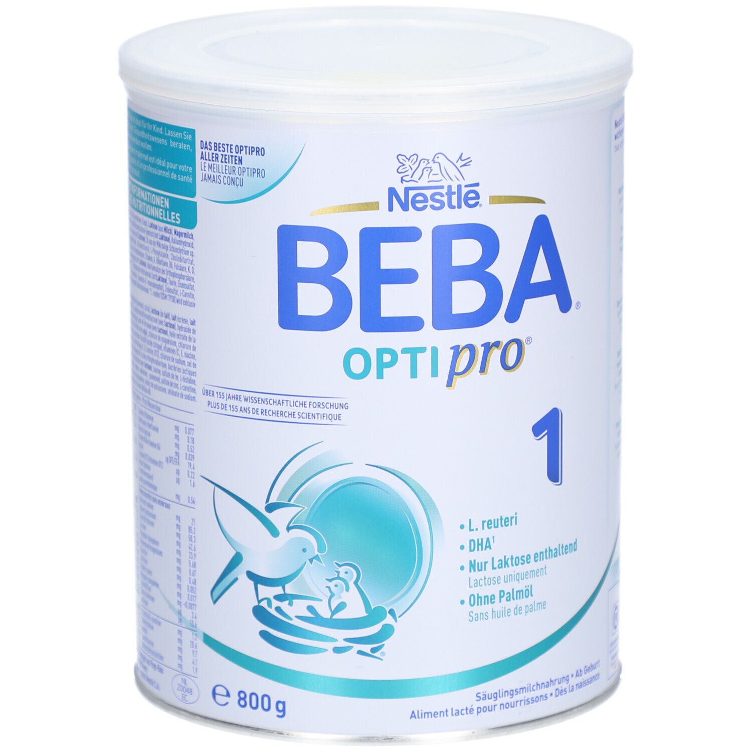 Weiß-blaue Dose BEBA Optipro 1. Nestlé-Logo. Text: L. reuteri, DHA, Nur Laktose, Ohne Palmöl. 800g.