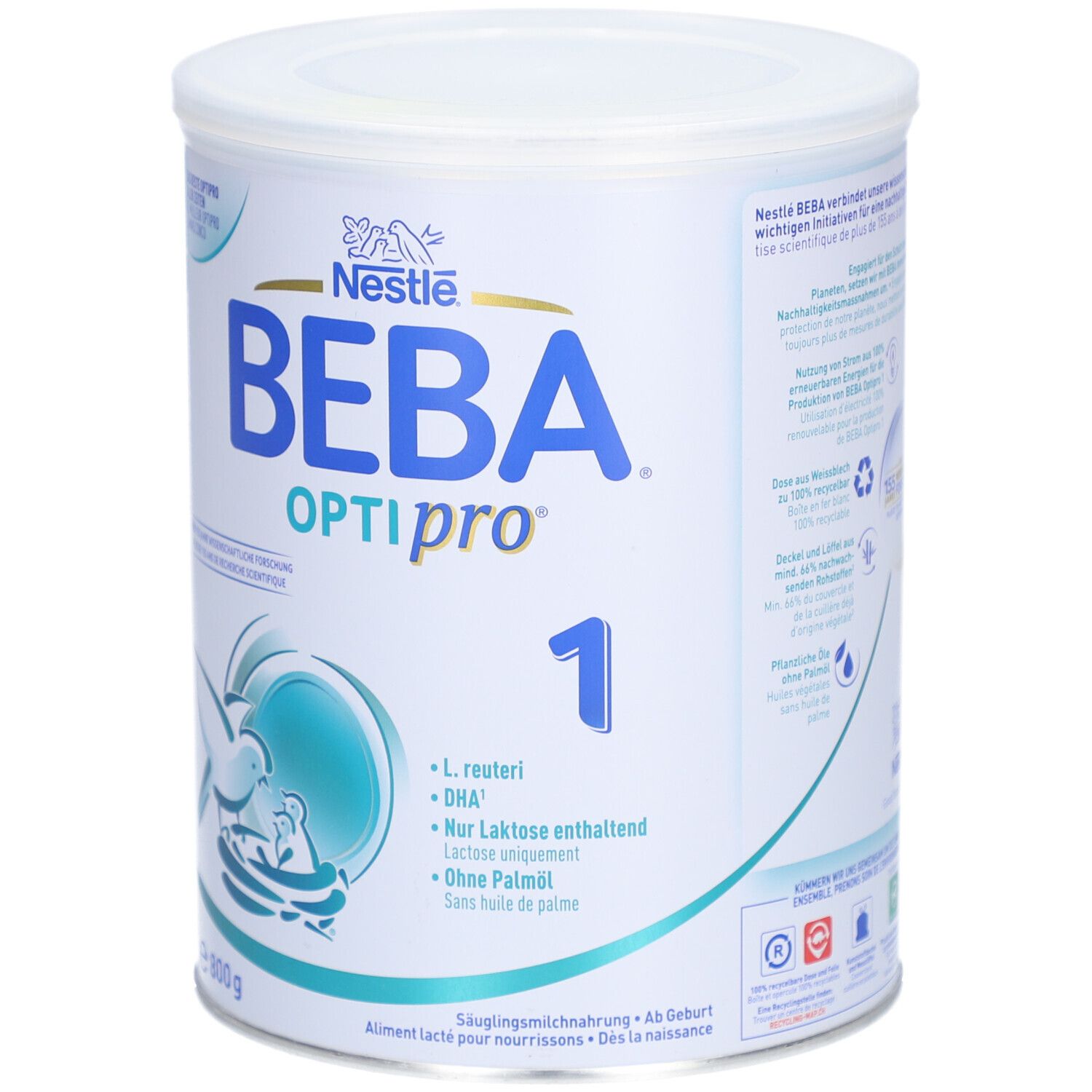 Weiß-blaue Dose BEBA Optipro 1. Nestlé-Logo. Text: L. reuteri, DHA, Nur Laktose, Ohne Palmöl. 800g.